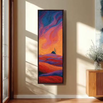 Mosque silhouette under a swirling sunset sky long vertical canvas print in a sunlit living space