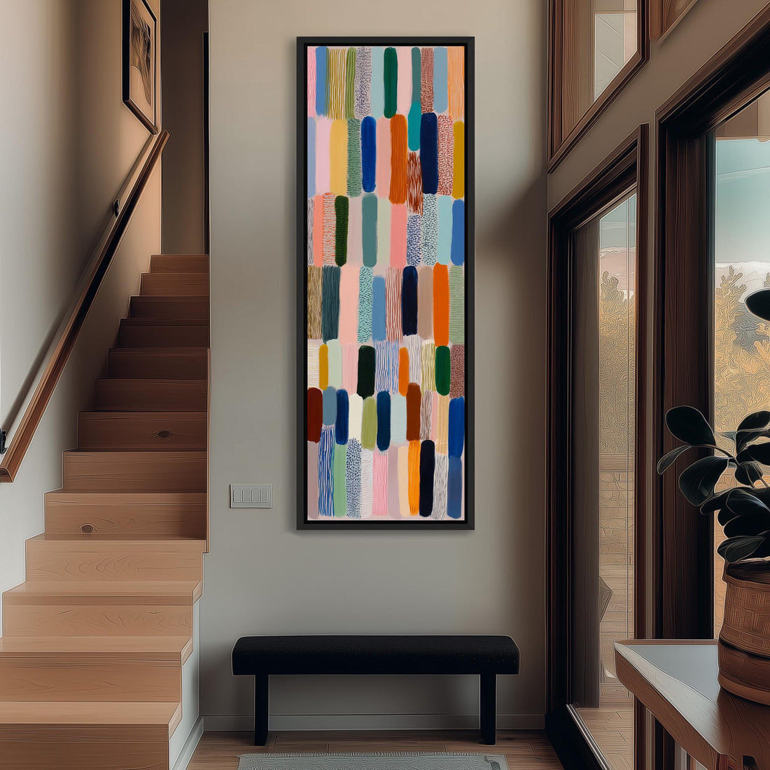 a large, colorful abstract painting hanging on a wall in a room with wooden furniture and a window.
