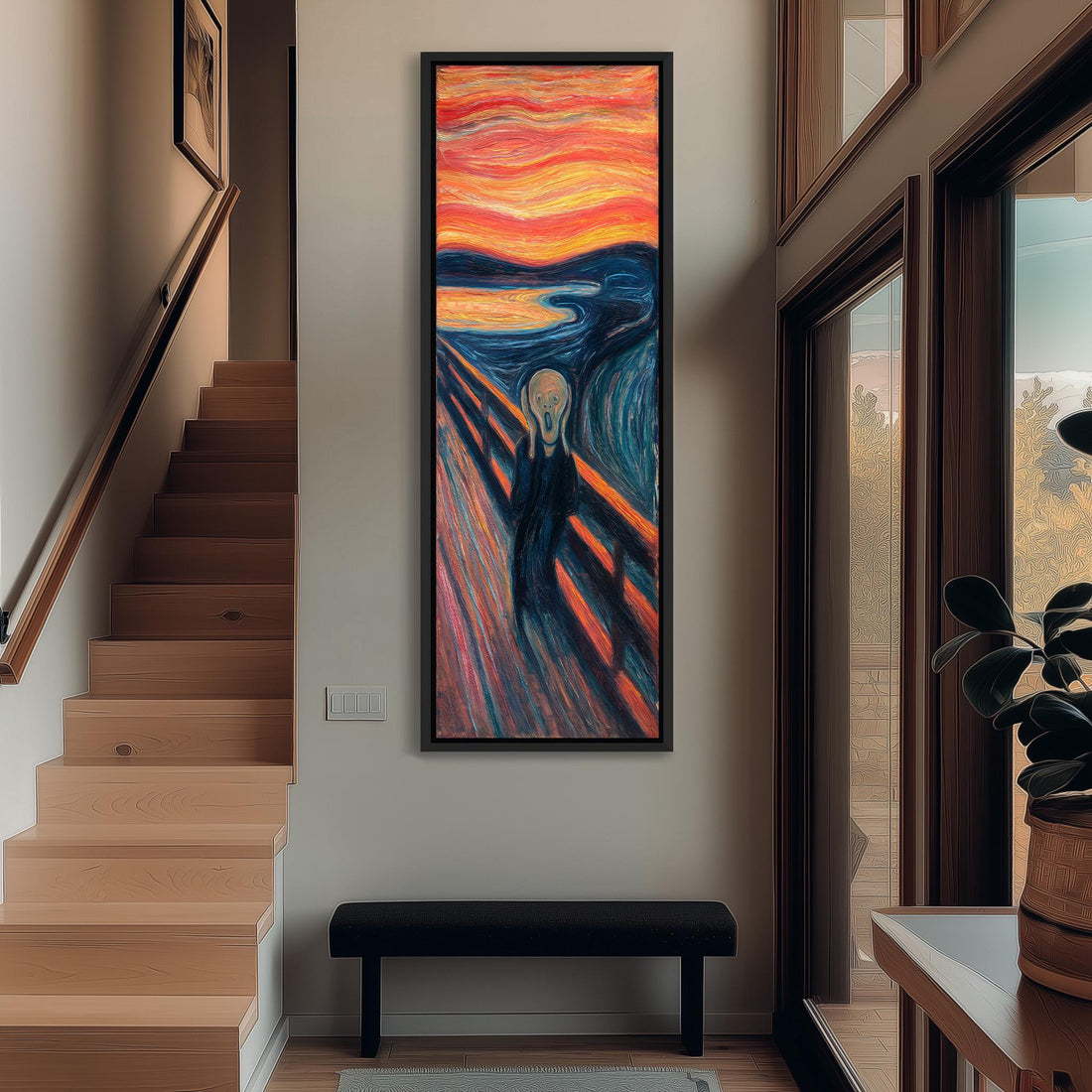 a large, colorful painting of a figure with a distressed expression, hanging on a wall in a room with a wooden floor and a window.