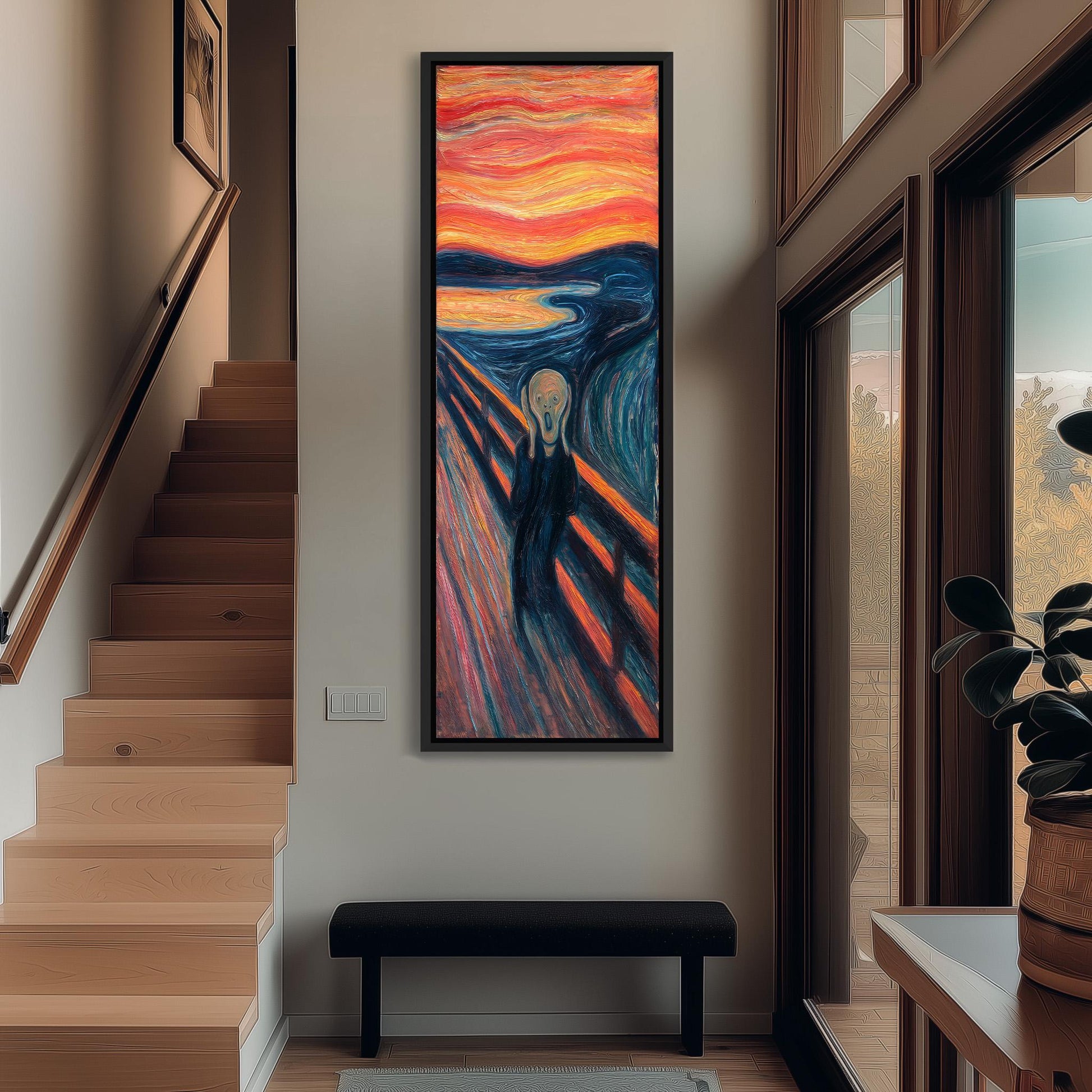 a large, colorful painting of Edvard Munch's iconic work "The Scream" hanging on the wall of a hallway.