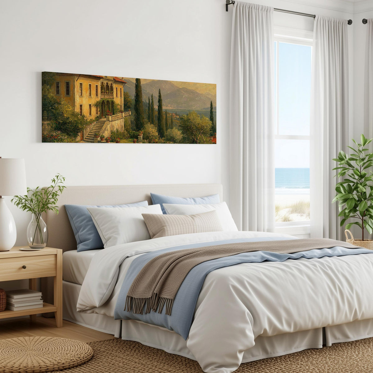 Tuscan villa among cypress hills panoramic canvas print above a bed in a coastal bedroom