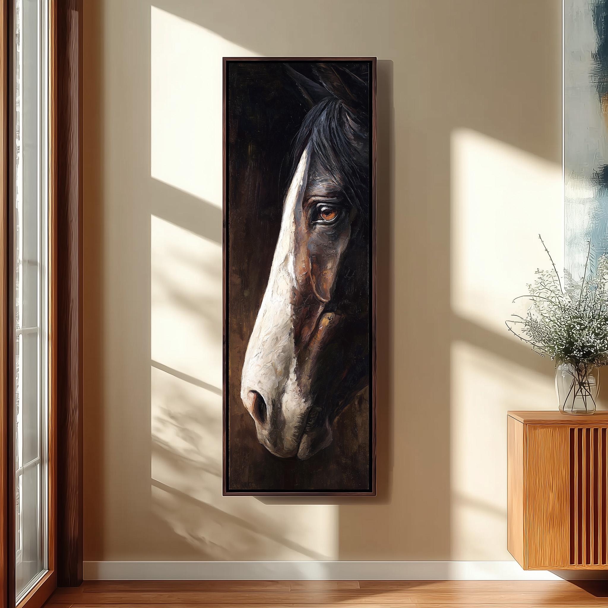 a large framed painting of a horse's head hanging on a wall.
