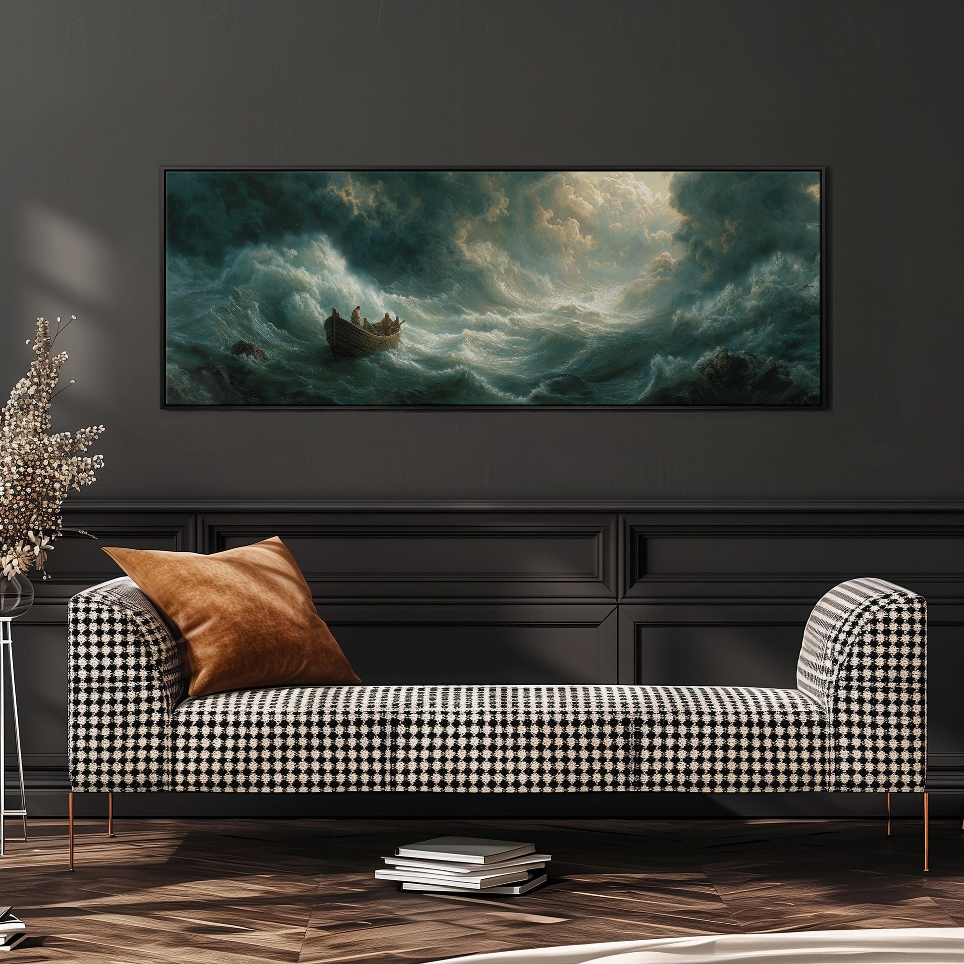 a large painting of a stormy sea with a boat, hanging on a dark wall above a black and white checkered sofa with a brown throw pillow.