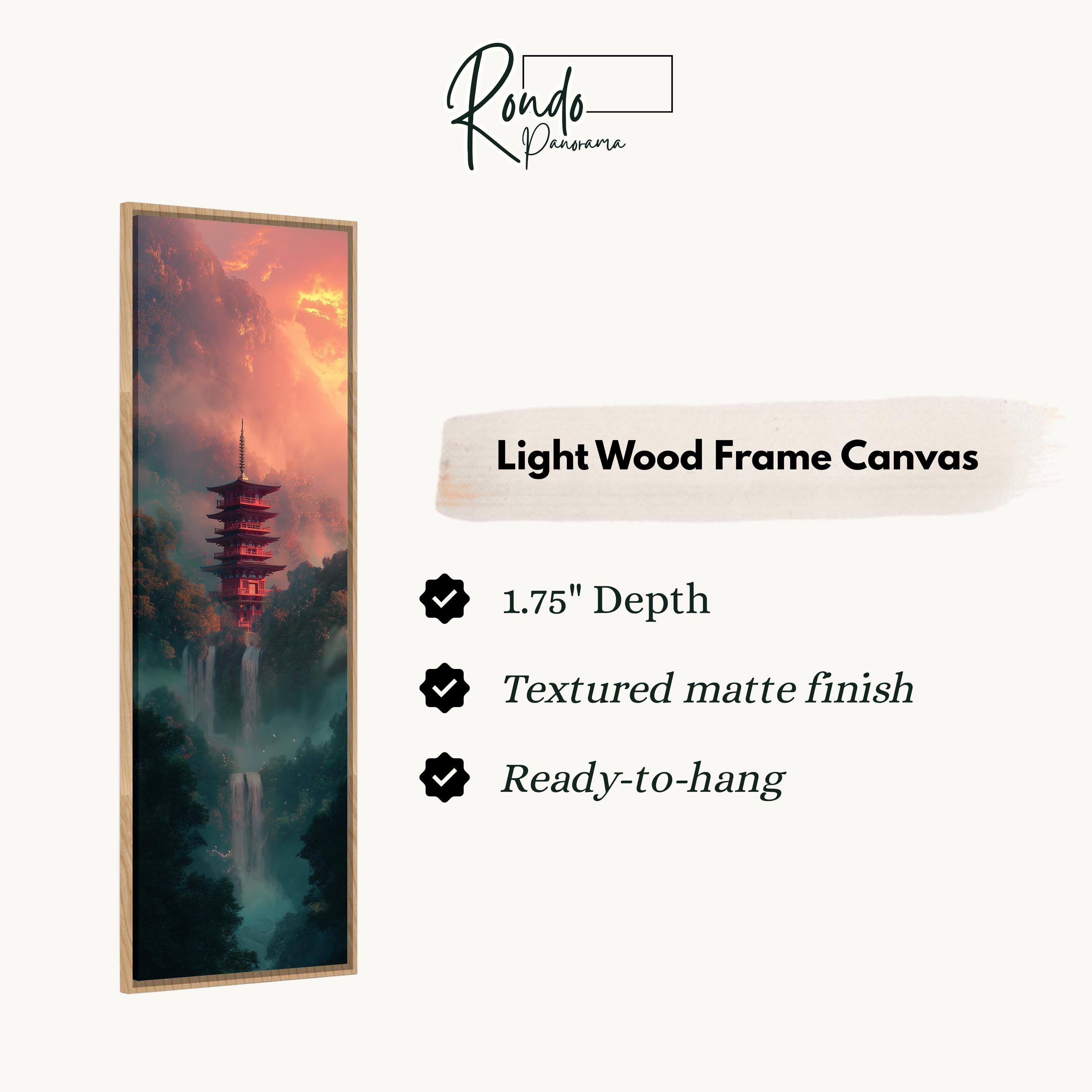a wooden frame canvas depicting a Japanese pagoda with a waterfall in the background.