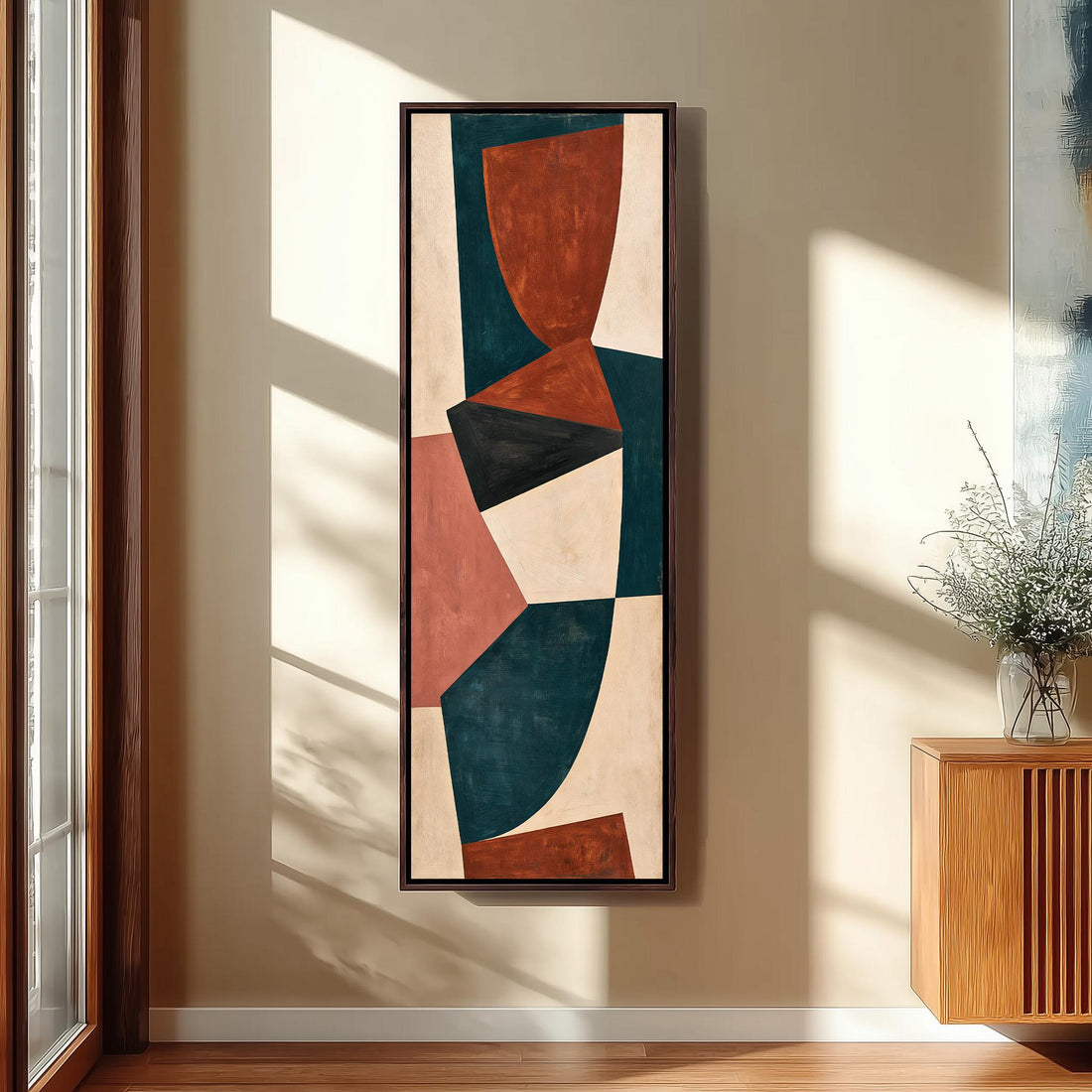 Curved blocks in rust, teal and cream long vertical canvas print in a sunlit living space