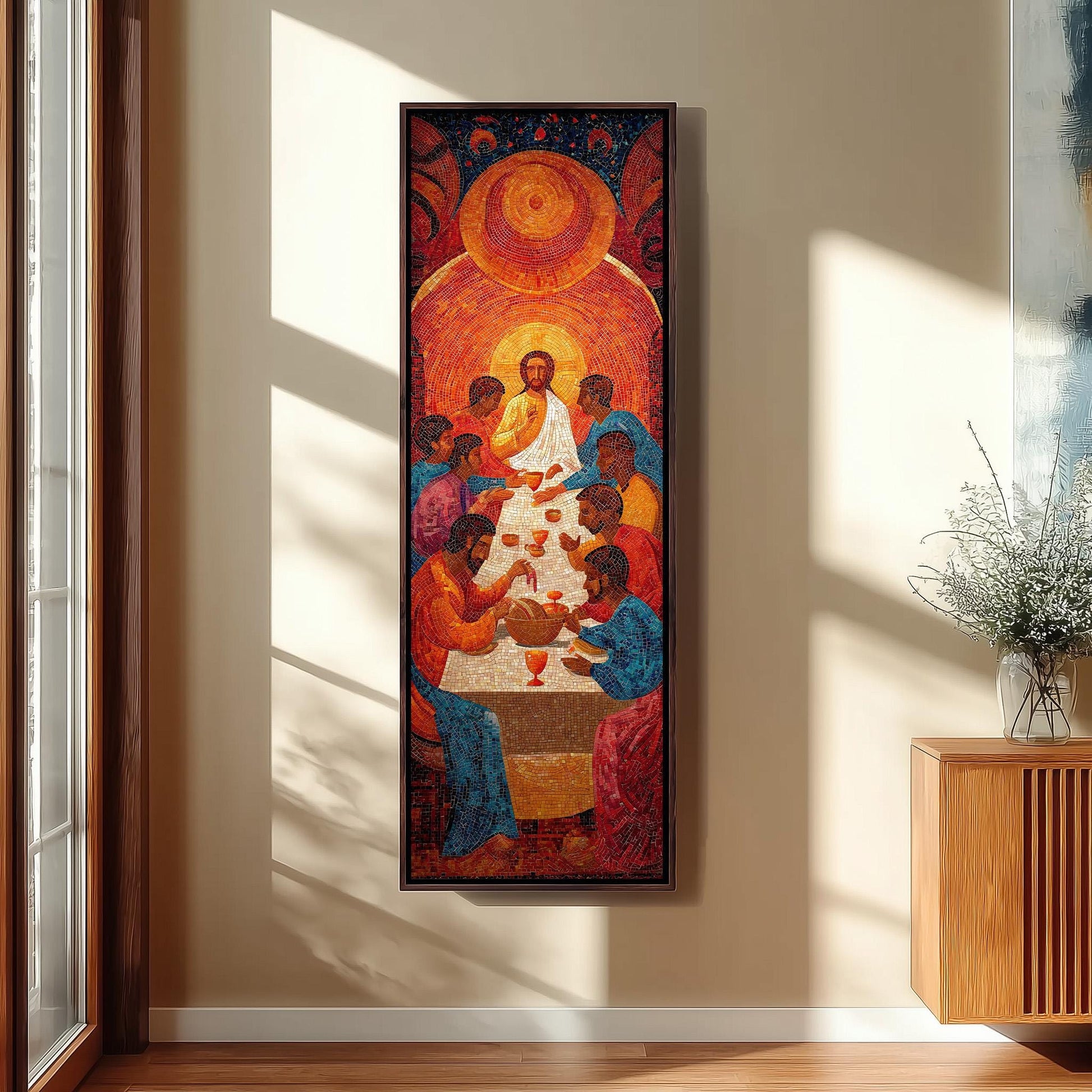a large, colorful painting of Jesus Christ surrounded by a group of people, likely depicting the Last Supper.