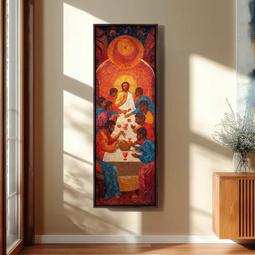 a large, colorful painting of Jesus Christ surrounded by a group of people, likely depicting the Last Supper.