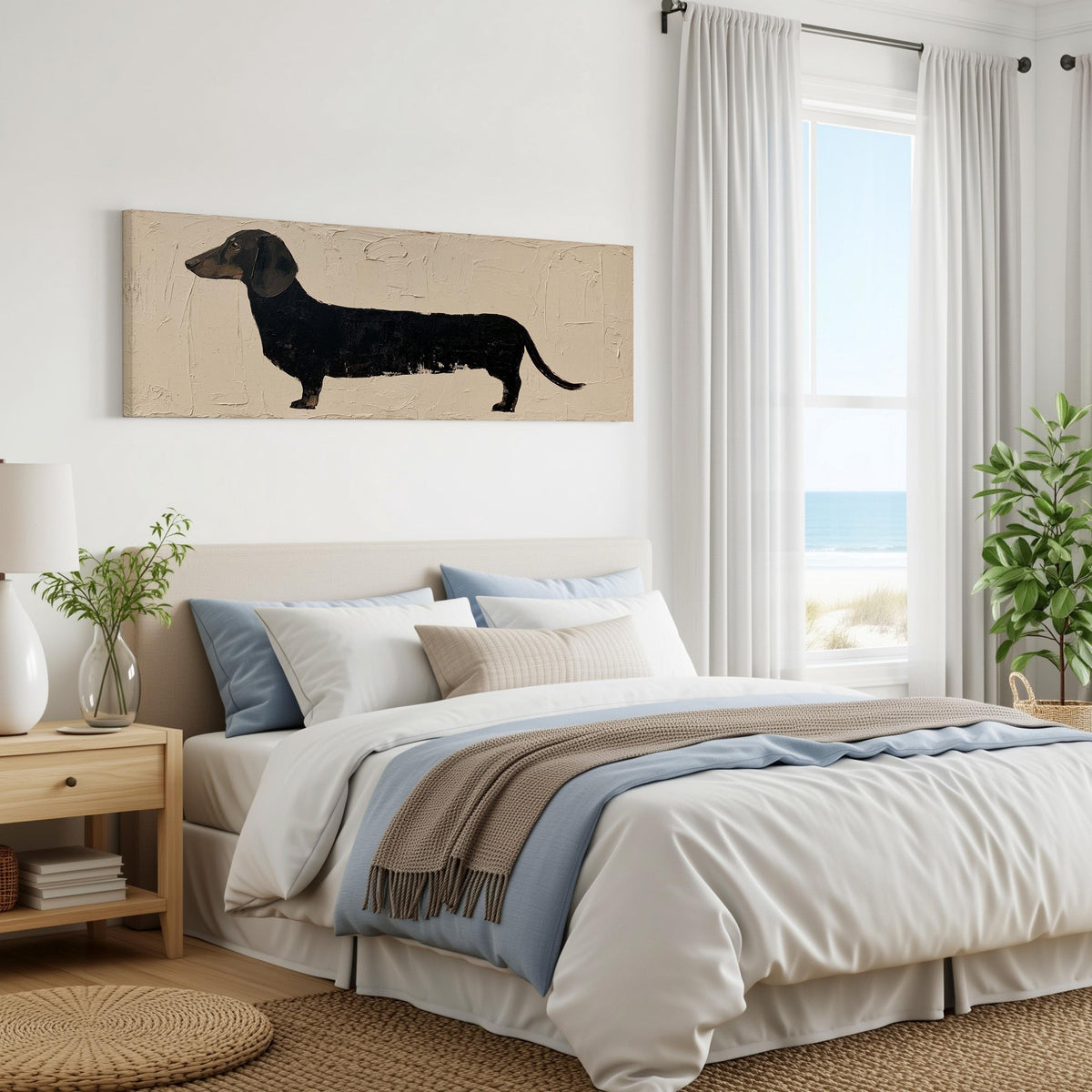 Black dachshund silhouette panoramic canvas print above a bed in a coastal bedroom