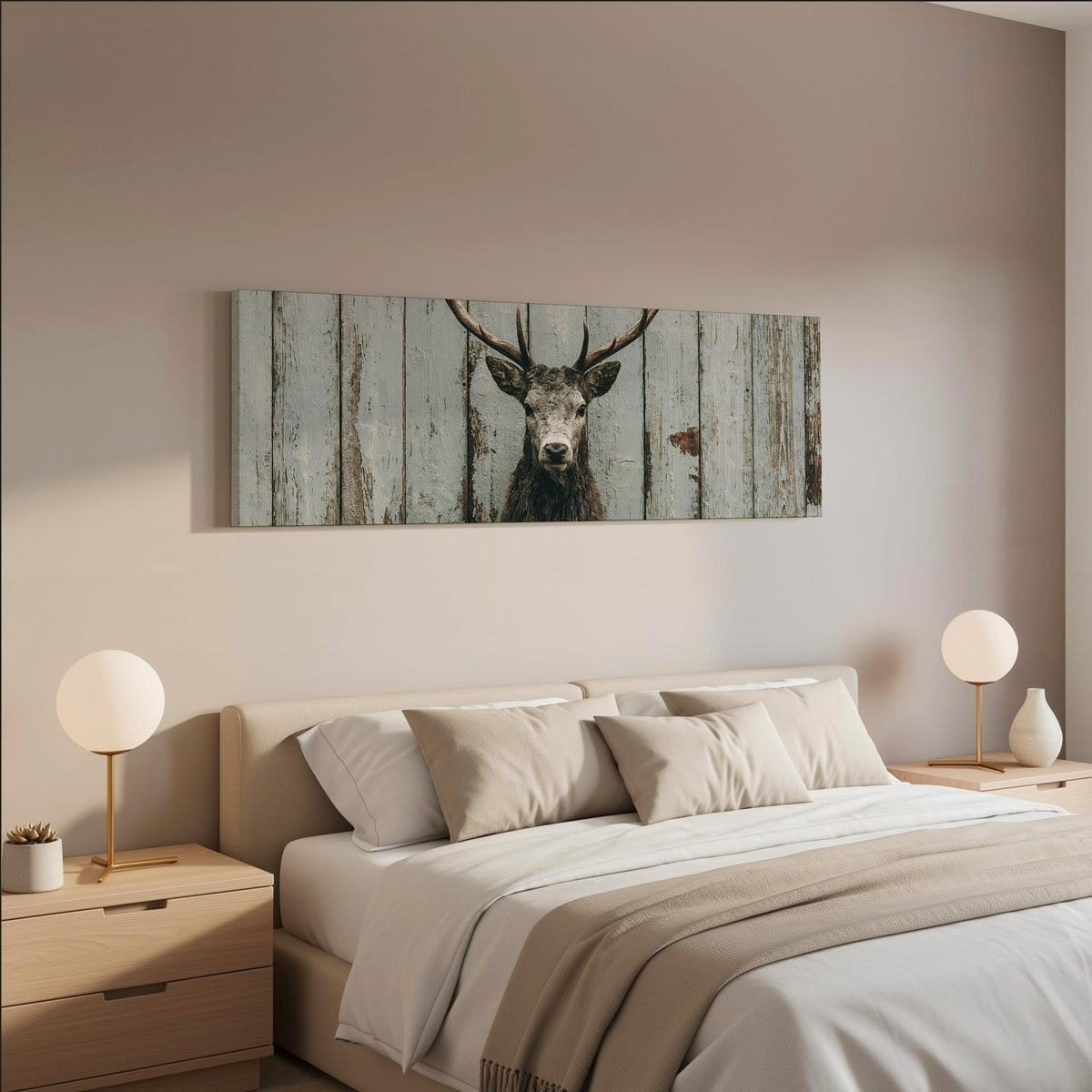 Monochrome stag on barn wood wide panoramic canvas print above a bed in a neutral bedroom