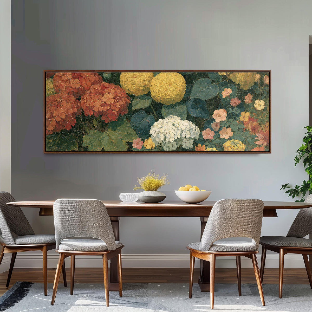 Warm hydrangea and dahlia bouquet long horizontal canvas print above a dining table