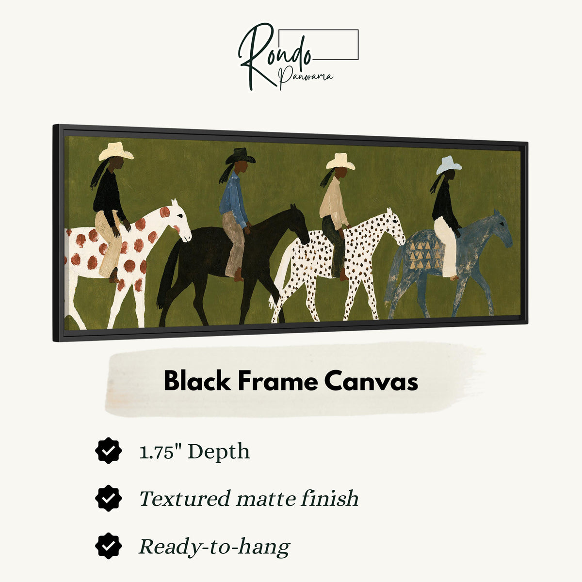 Riders on spotted ponies on olive green canvas print in a black floating frame