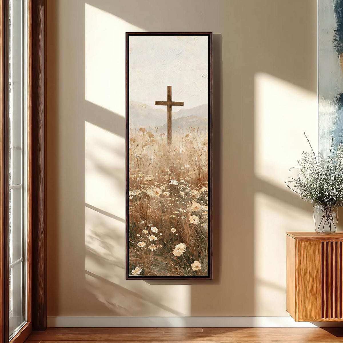 Wooden cross in a daisy field tall skinny canvas print in a sunlit living space