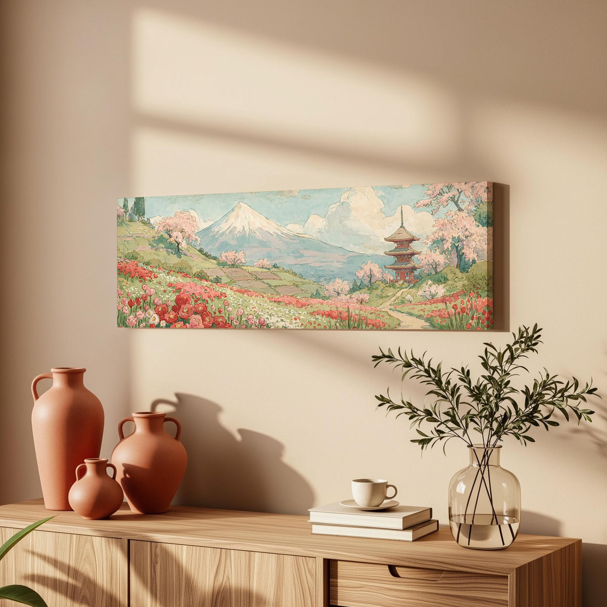 Mount Fuji with sakura and a pagoda long horizontal canvas print above a wooden sideboard