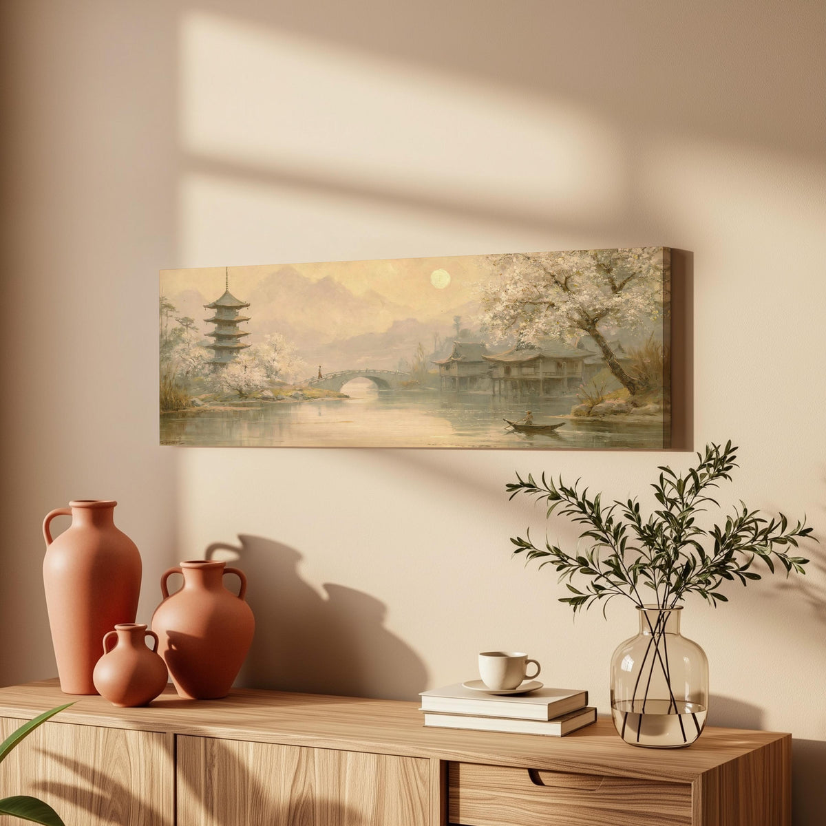 Pagoda and stone bridge at dusk long horizontal canvas print above a wooden sideboard