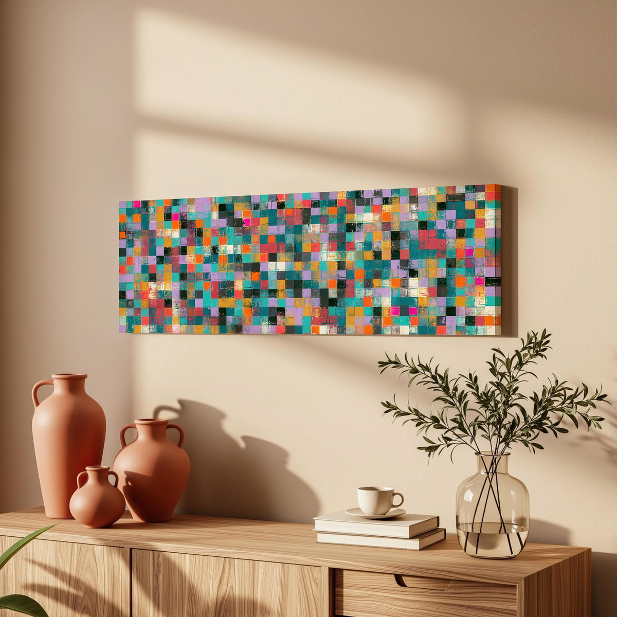 Jewel tone checker mosaic long horizontal canvas print above a wooden sideboard