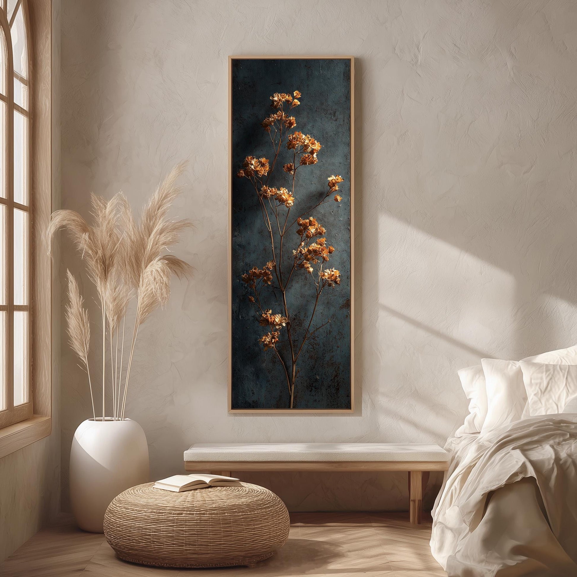 a serene and cozy bedroom scene, featuring a large window that allows natural light to flood the space. The focal point of the room is a painting of a tree with vibrant orange flowers, hanging on the wall above a wooden bench. The painting adds a touch of warmth and nature to the room's decor.