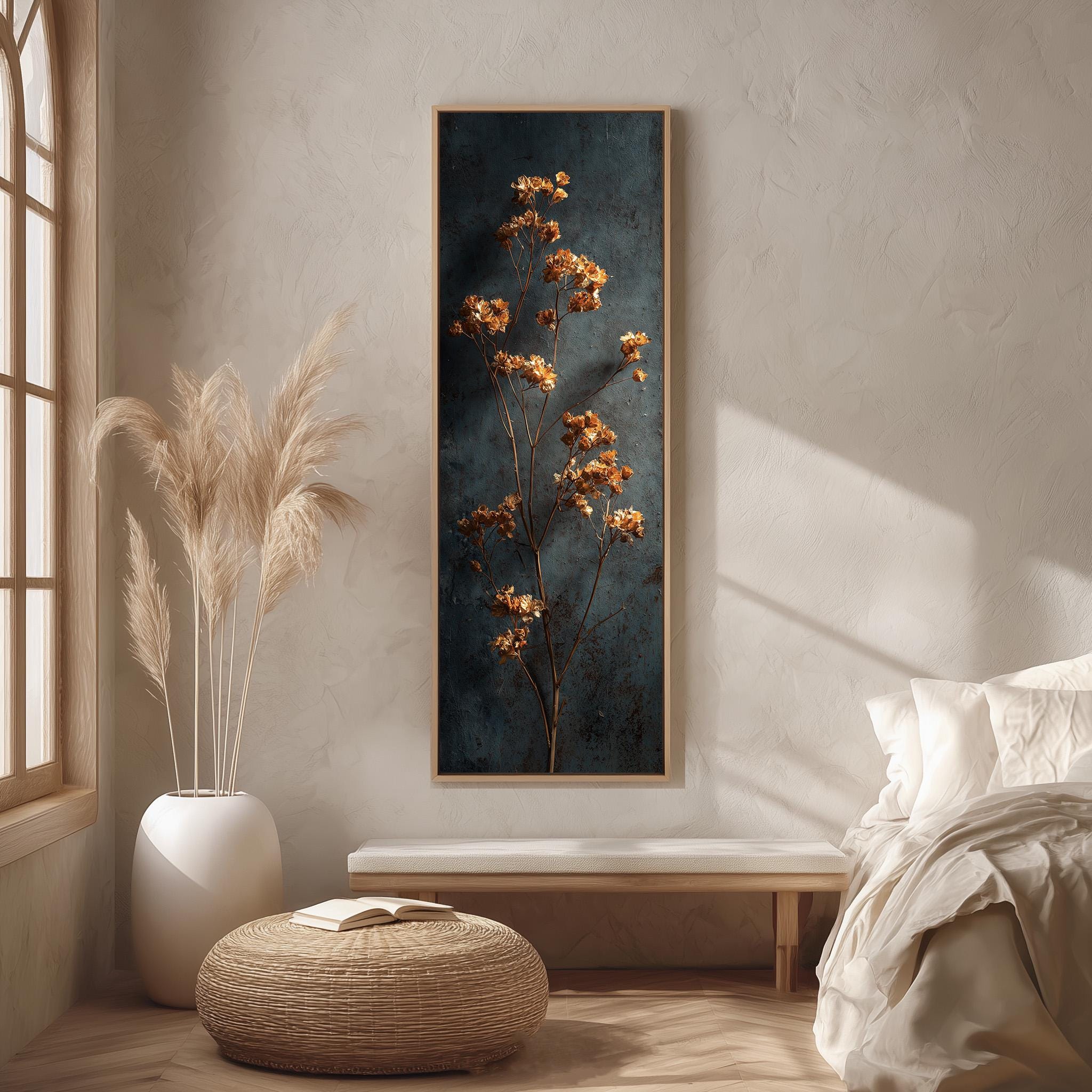 a serene and cozy bedroom scene, featuring a large window that allows natural light to flood the space. The focal point of the room is a painting of a tree with vibrant orange flowers, hanging on the wall above a wooden bench. The painting adds a touch of warmth and nature to the room's decor.