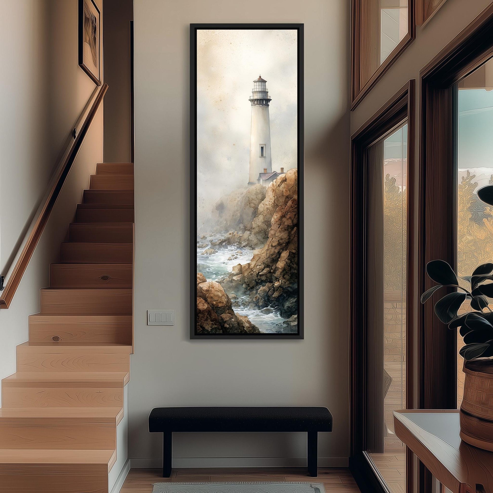 a large painting of a lighthouse hanging on a wall, with a staircase leading up to it.