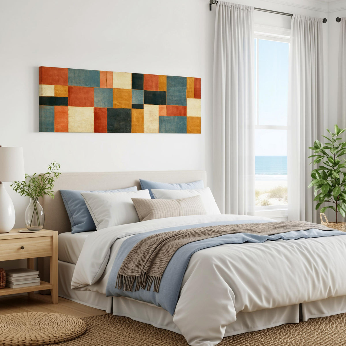 Rust, gold, navy and cream quilt blocks panoramic canvas print above a bed in a coastal bedroom