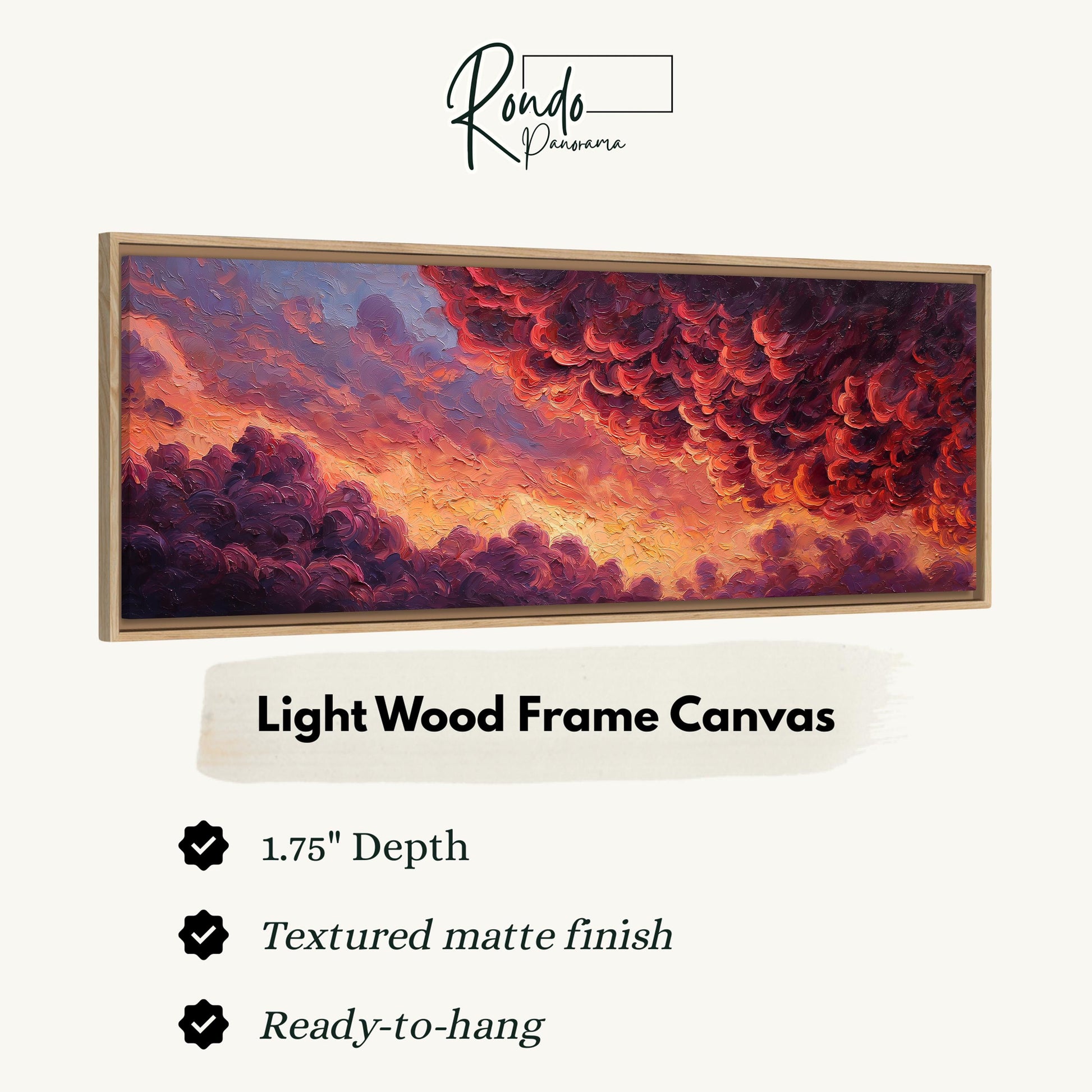 The image is a framed artwork depicting a vibrant sunset over a cloudy sky.