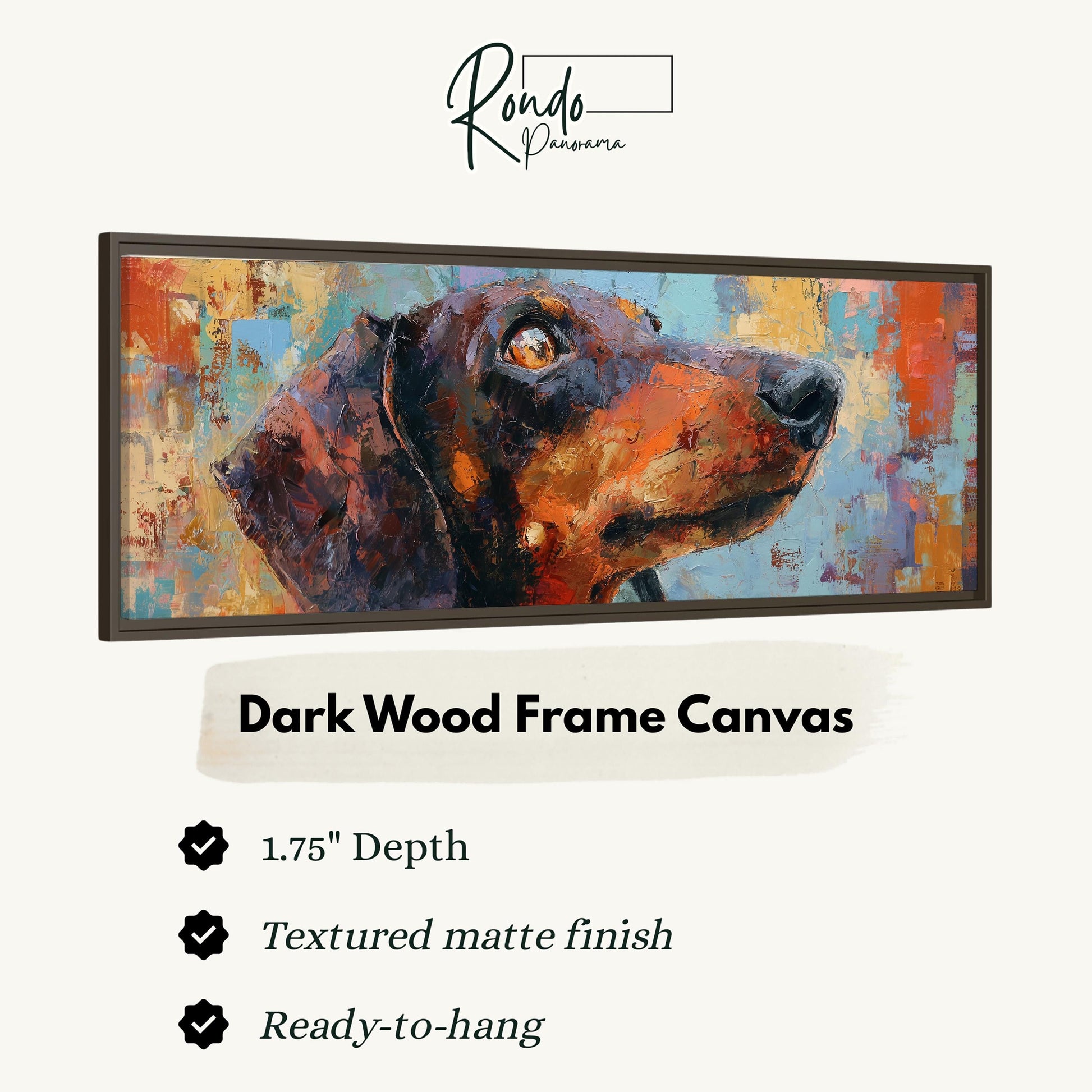 The image is a framed painting of a dog, specifically a dachshund, with a dark wood frame.