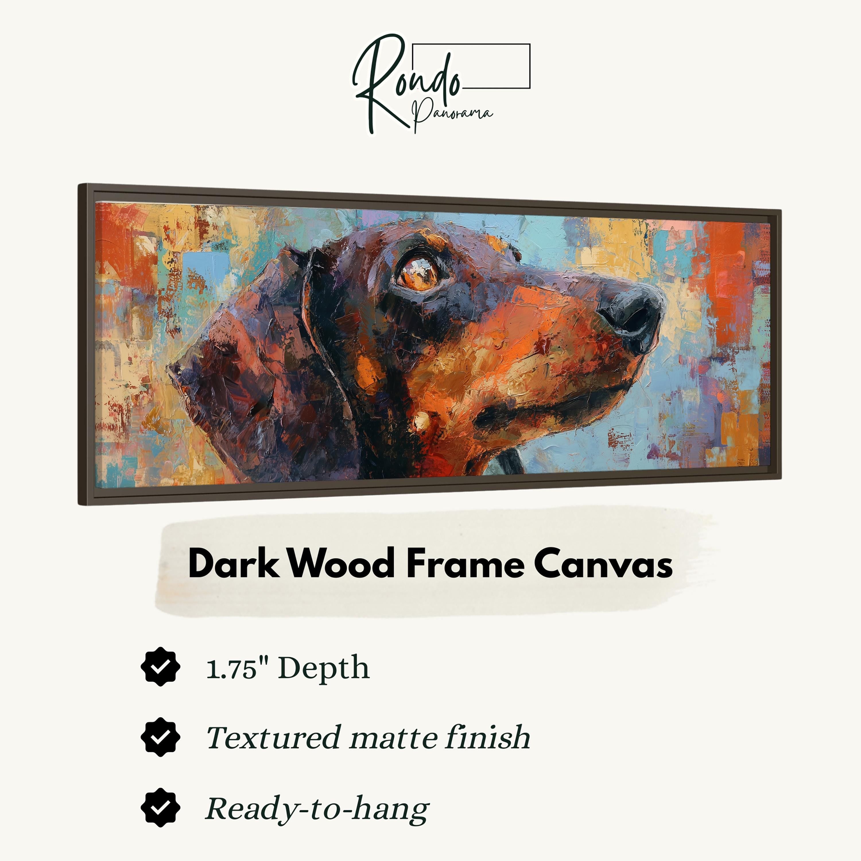 The image is a framed painting of a dog, specifically a dachshund, with a dark wood frame.