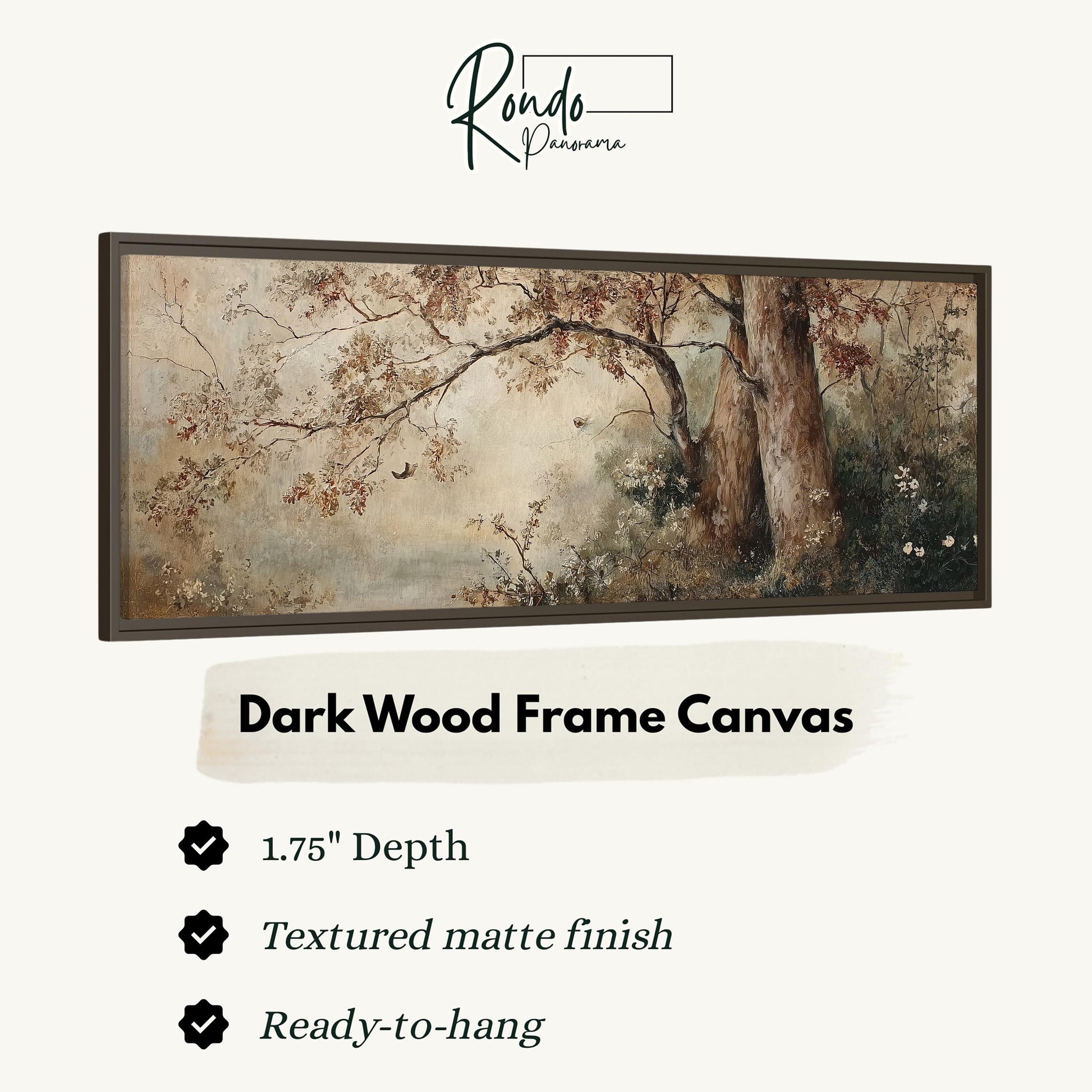The image is a framed artwork depicting a serene landscape with trees and foliage.