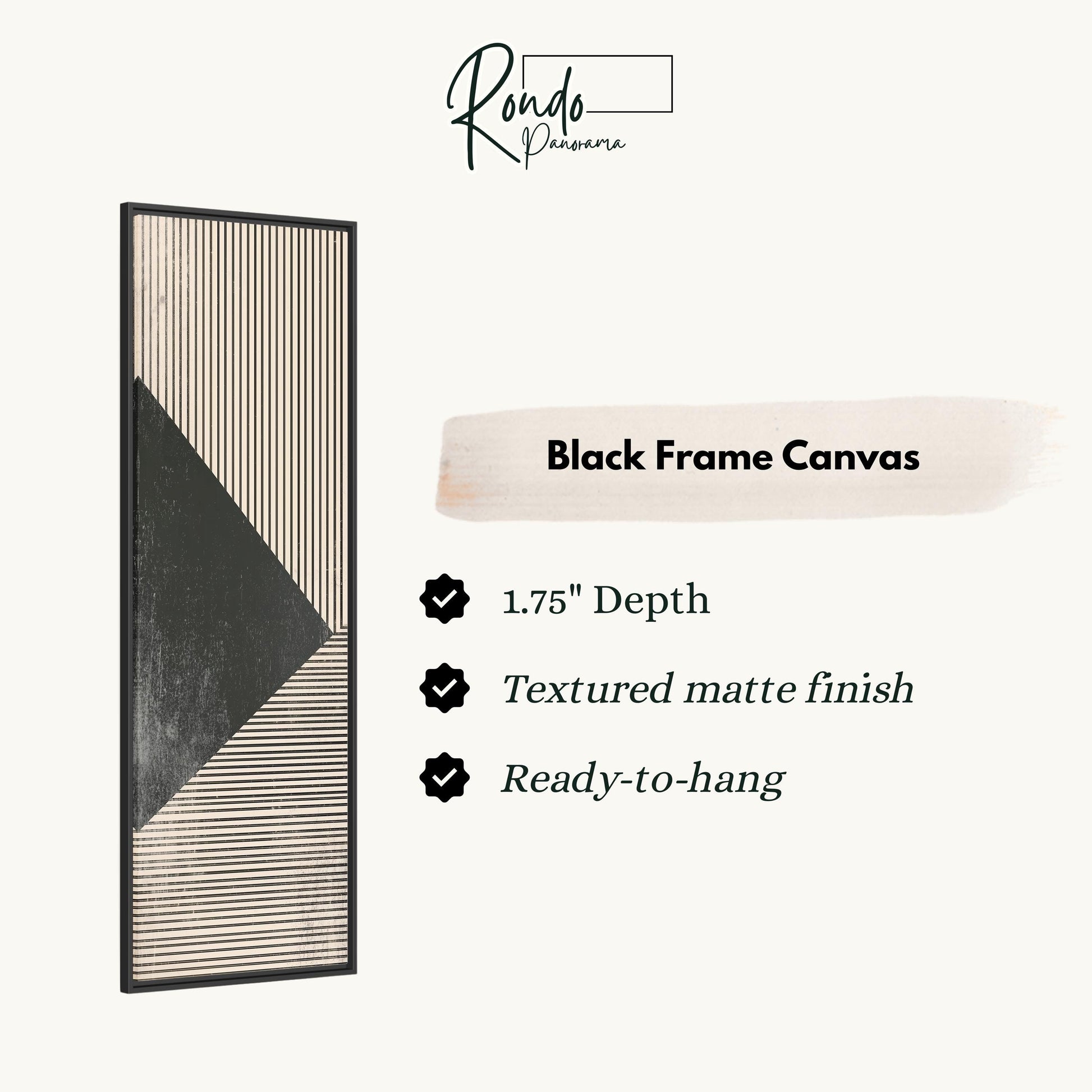 The image is a product description for a black frame canvas. It features a black frame with a geometric design and provides details about the product, including its dimensions, finish, and hanging capabilities.