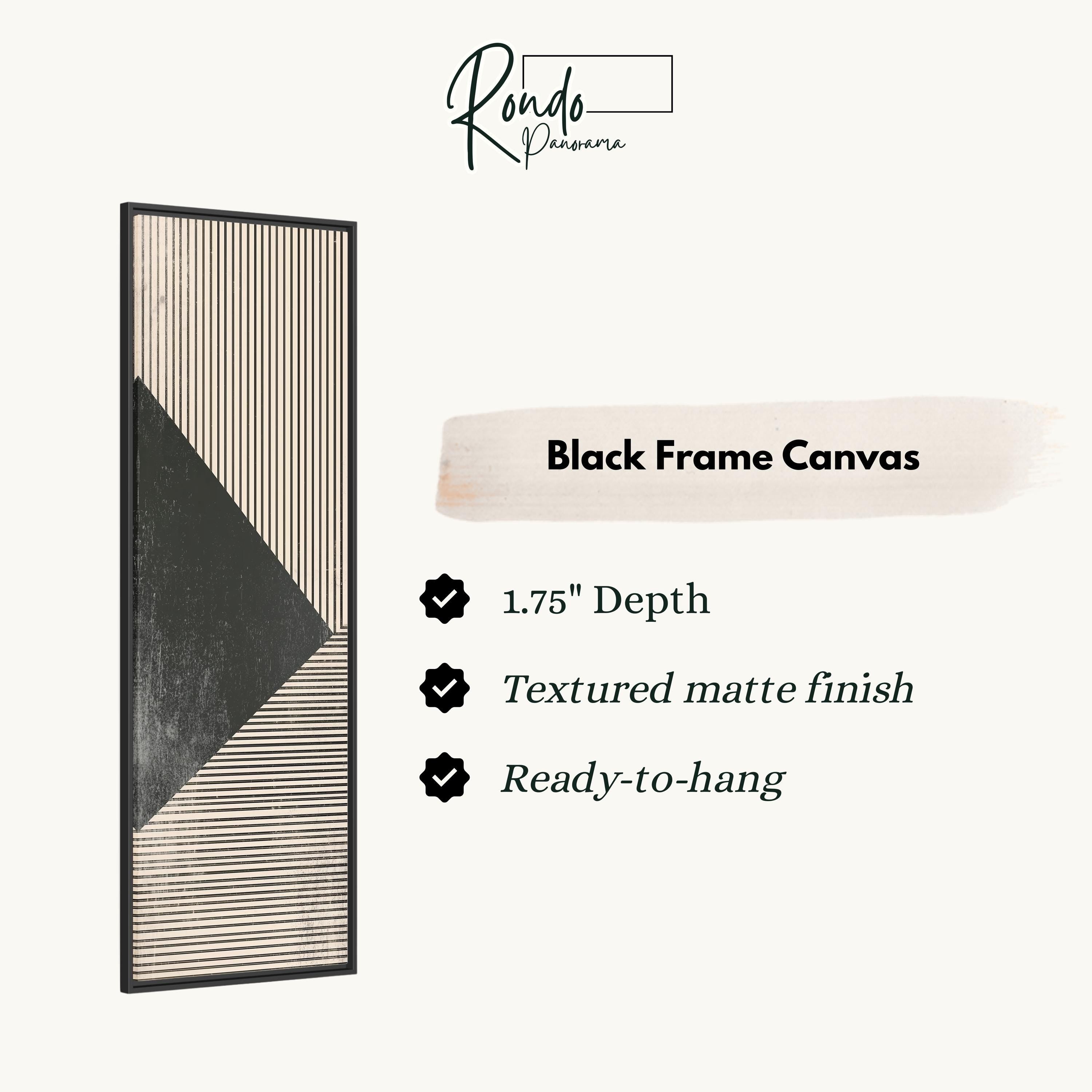 The image is a product description for a black frame canvas. It features a black frame with a geometric design and provides details about the product, including its dimensions, finish, and hanging capabilities.