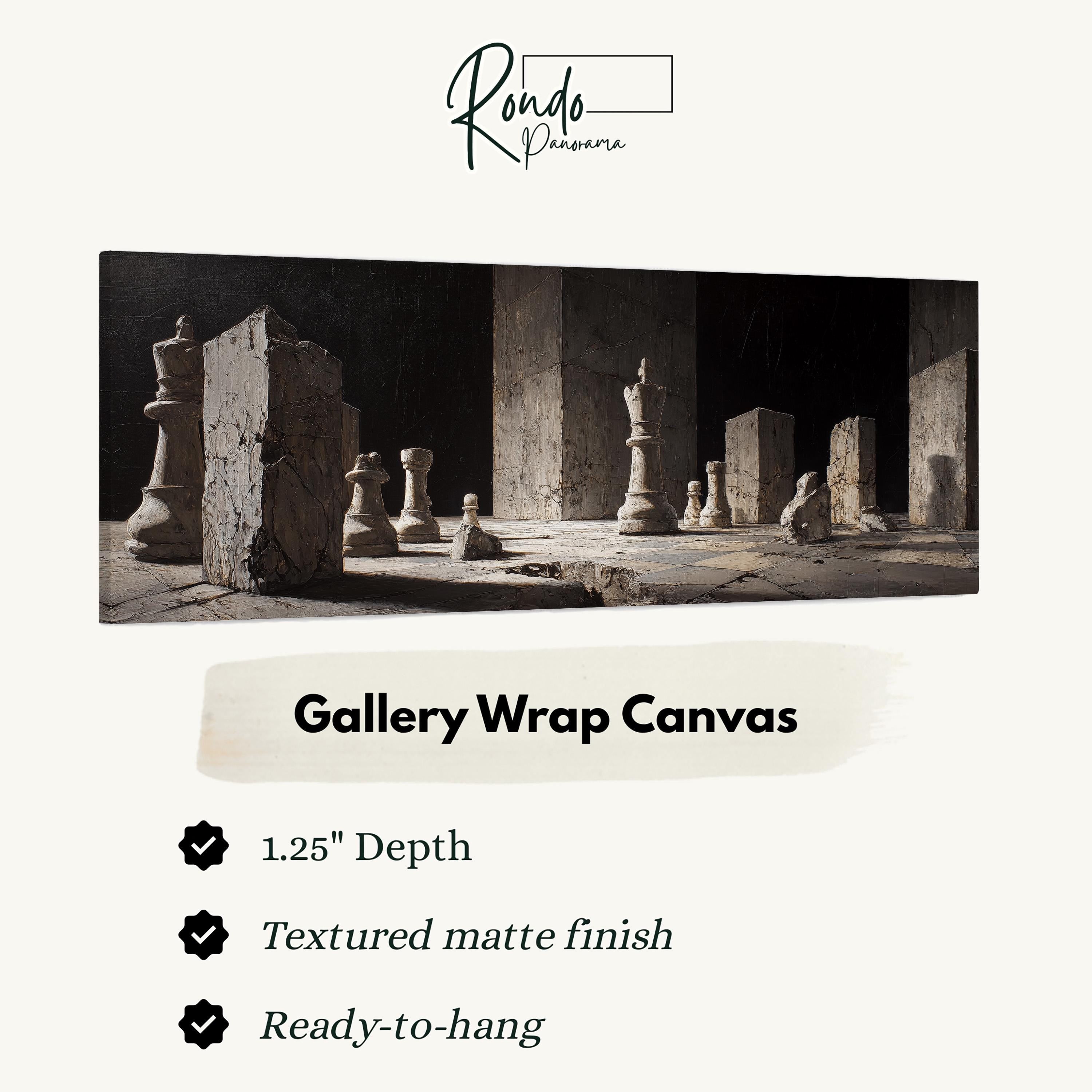 The image is a gallery wrap canvas featuring a chessboard with pieces arranged on it.