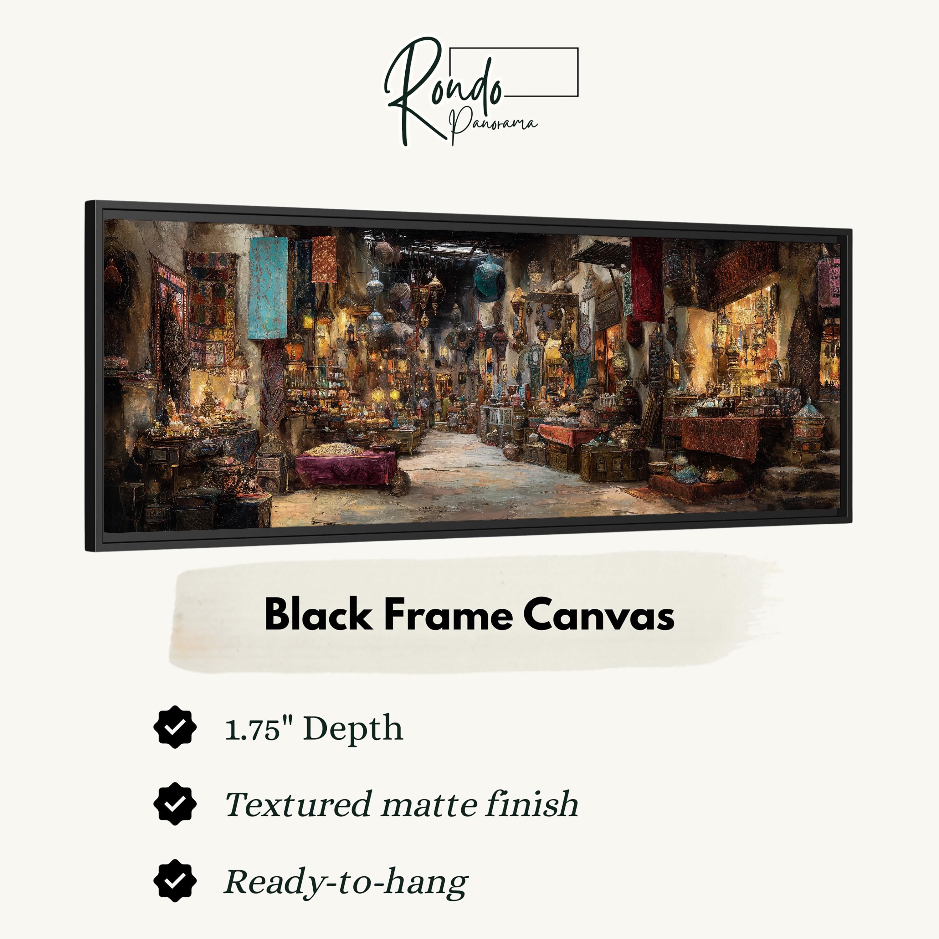 The image is a black frame canvas depicting a bustling market scene with various stalls, goods, and people.
