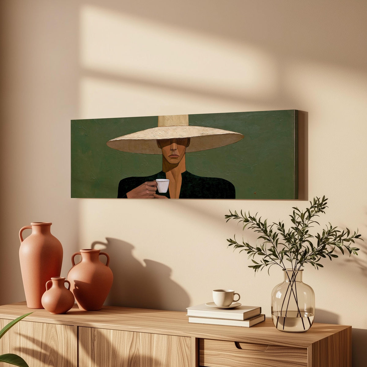 Shadowed woman in a sun hat with espresso long horizontal canvas print above a wooden sideboard