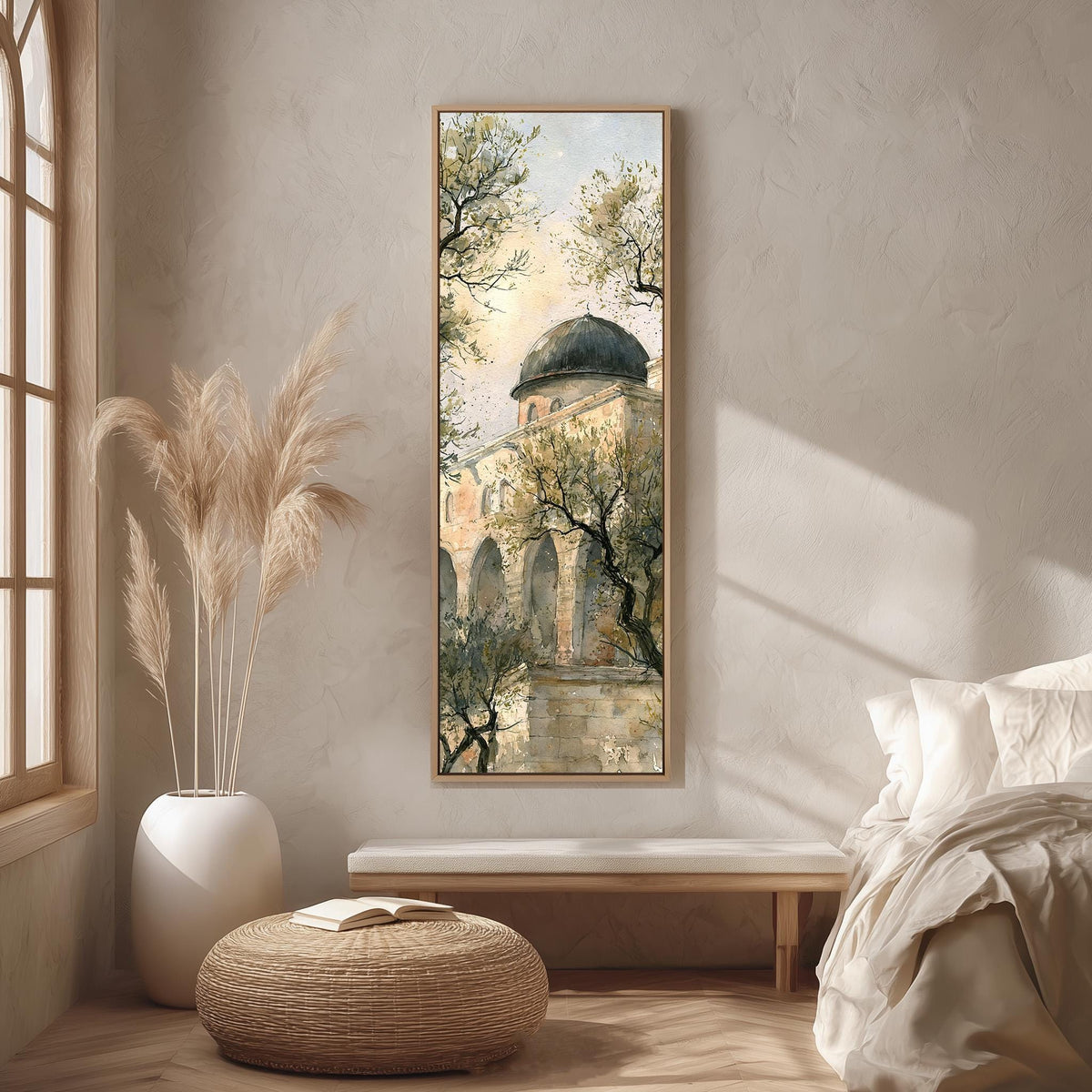 Domed building among olive trees in watercolor long vertical canvas print in a bright reading corner