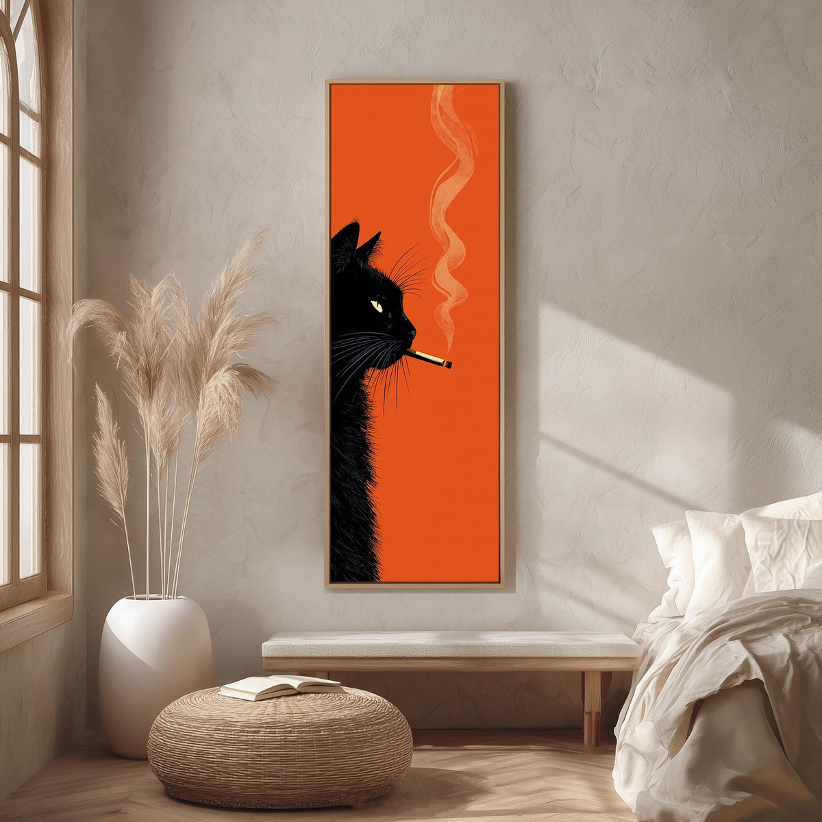 Black cat profile with curling smoke on orange long vertical canvas print in a bright reading corner