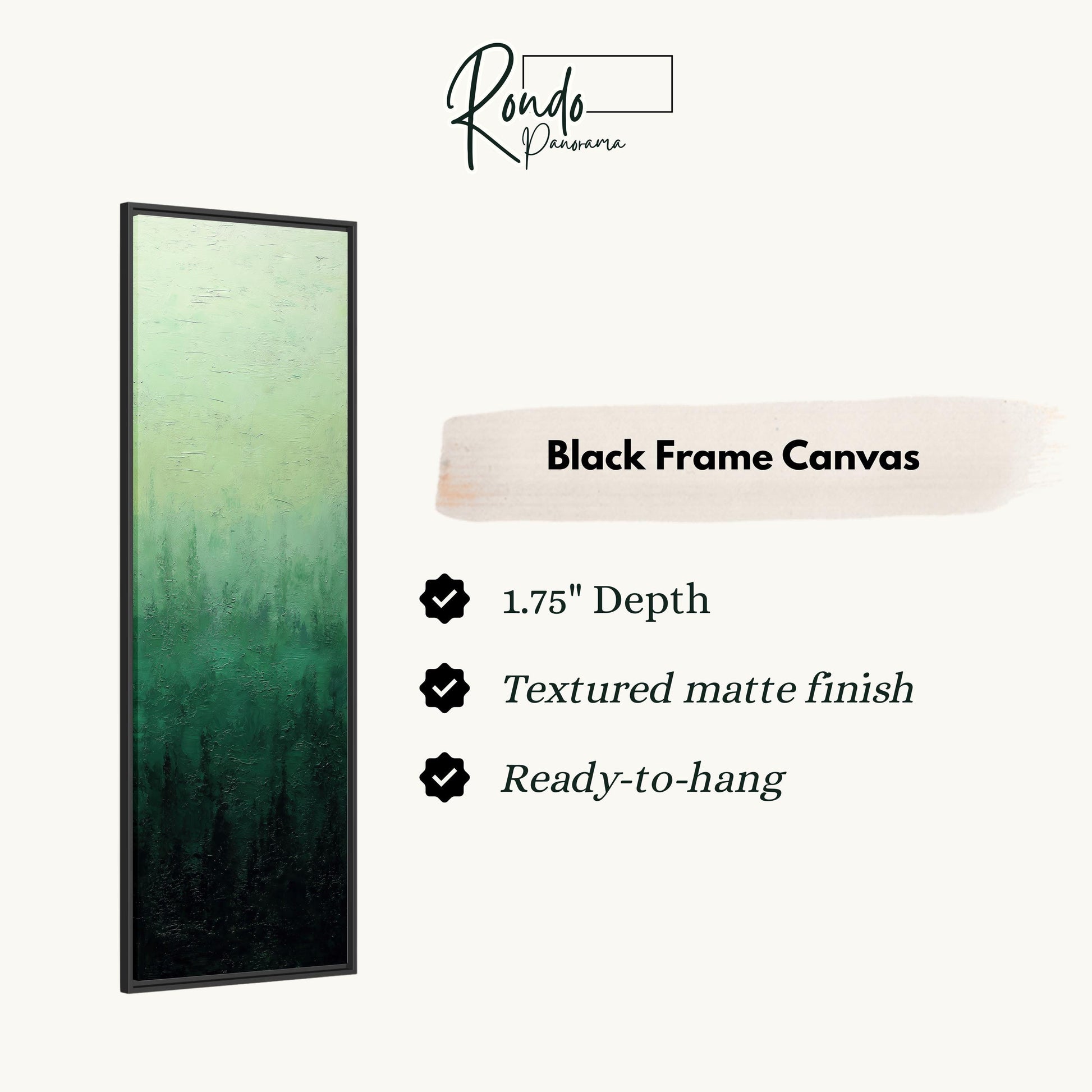The image is a product description for a black frame canvas. It features a vertical painting of a forest scene with a textured finish and a depth of 1.75 inches. The canvas is ready to hang and has a textured matte finish.