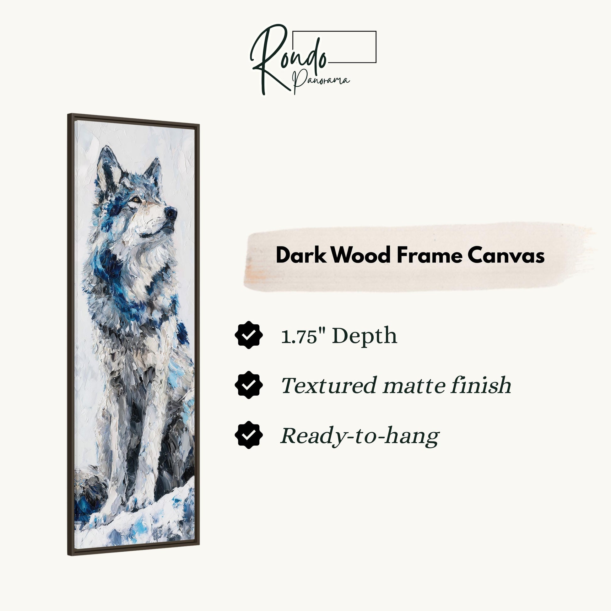The image is a framed painting of a wolf, which is described as a "Dark Wood Frame Canvas" with a 1.75" depth, a textured matte finish, and a ready-to-hang feature.