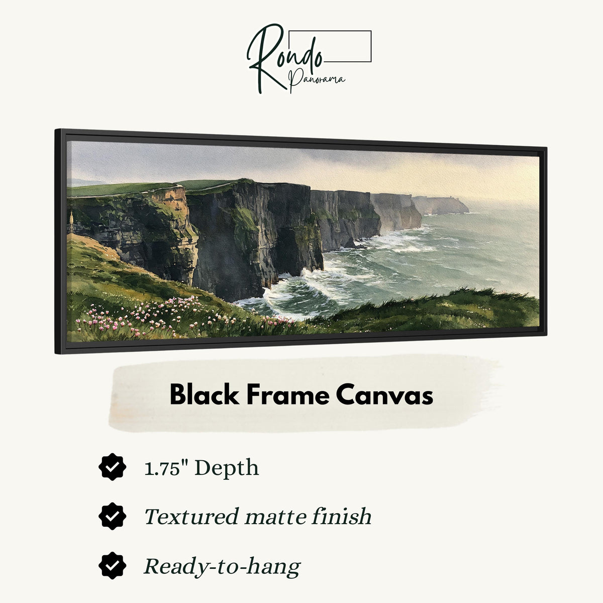 Green sea cliffs with wildflowers canvas print in a black floating frame