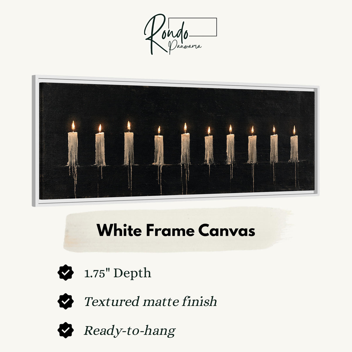 Ten lit candles on black canvas print in a white floating frame