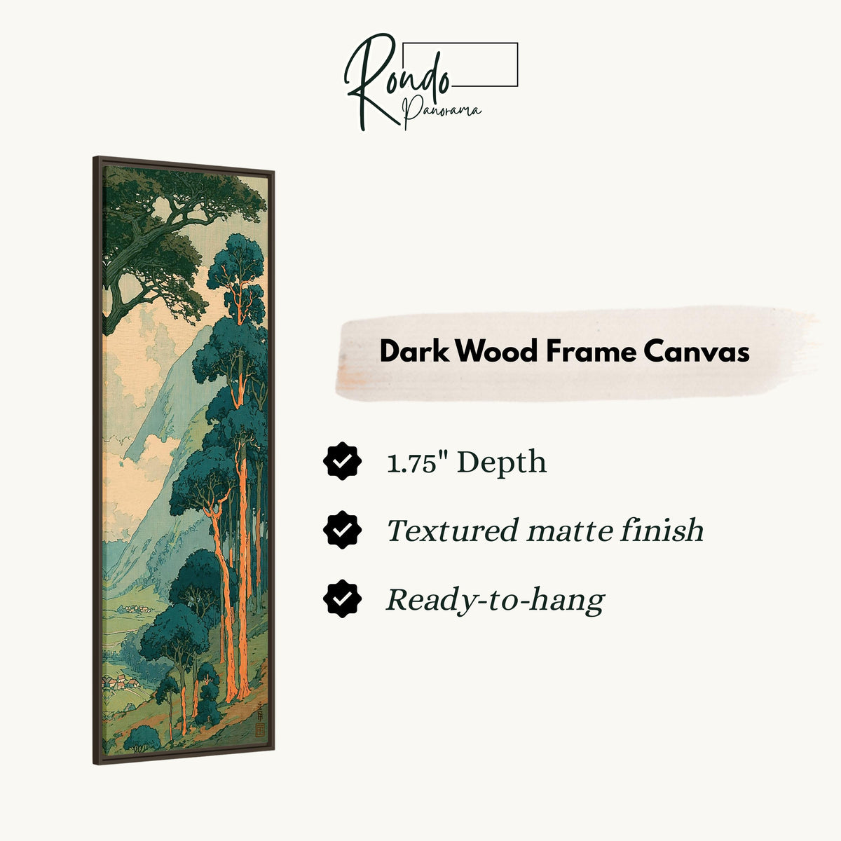 Pine trees above a misty valley in a woodblock style canvas print in a dark wood floating frame