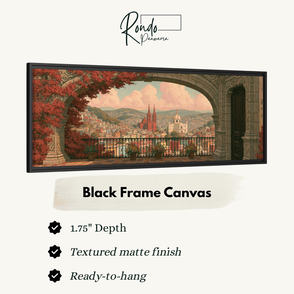 Old world city view through an archway canvas print in a black floating frame