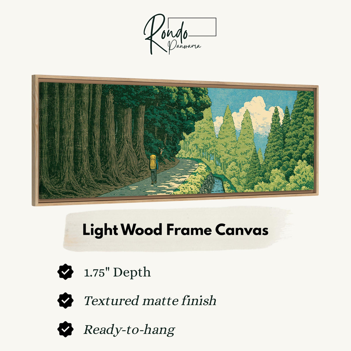 Hiker on a forest trail canvas print in a light wood floating frame