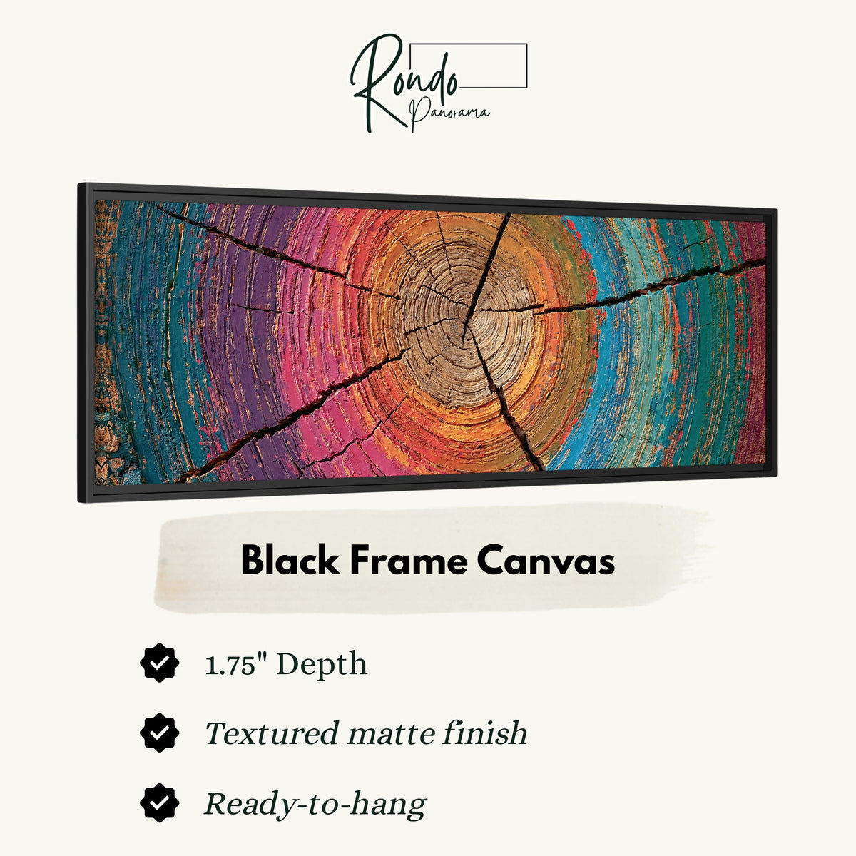 Rainbow tree ring canvas print in a black floating frame
