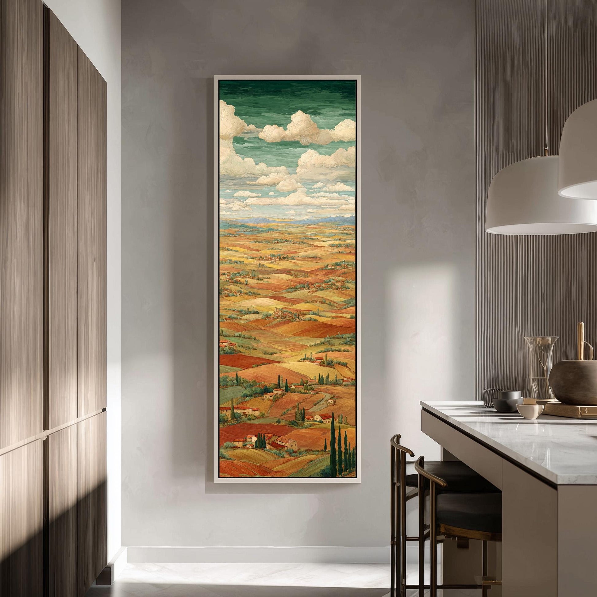 a large, colorful painting of a countryside landscape hanging on a wall in a modern kitchen.
