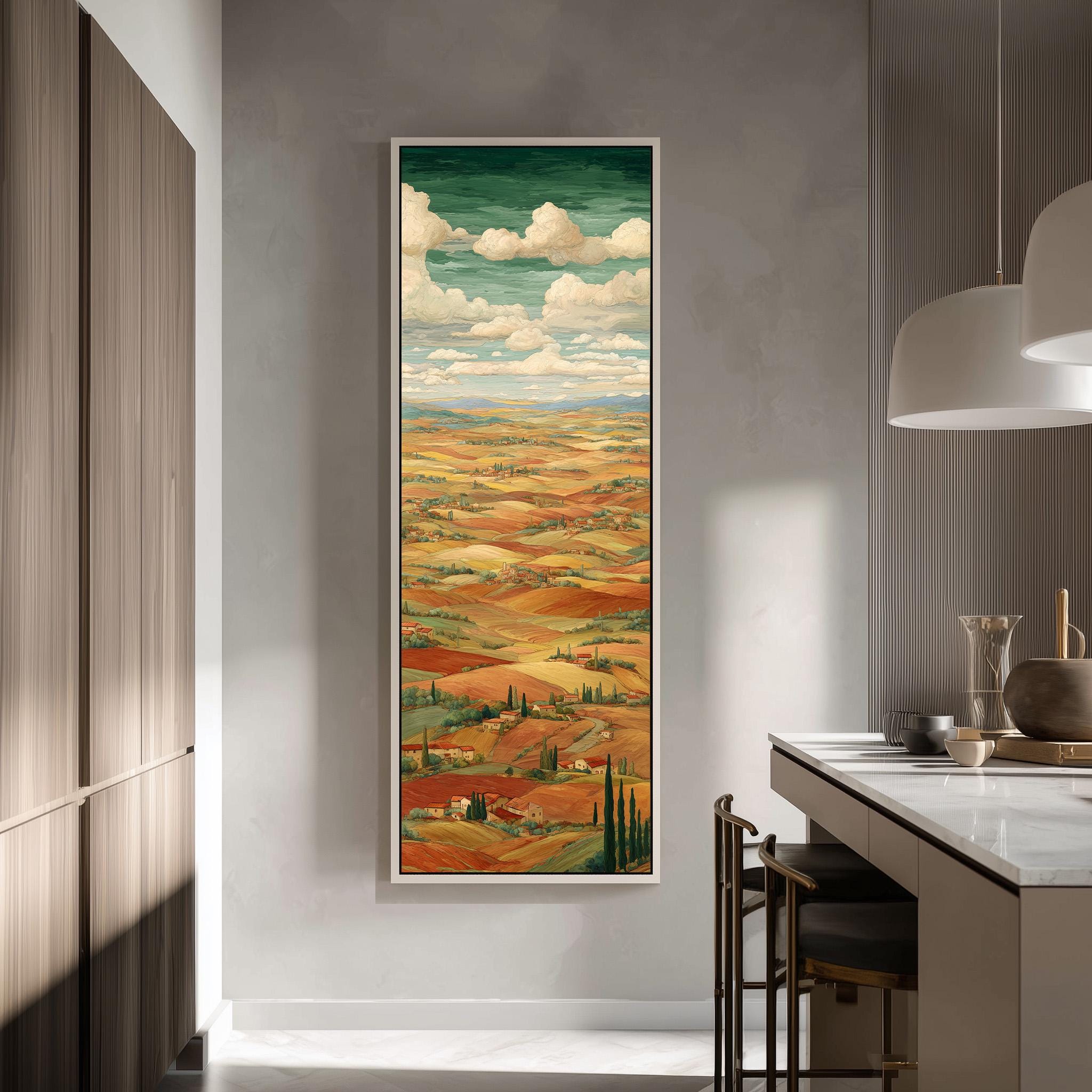 a large, colorful painting of a countryside landscape hanging on a wall in a modern kitchen.