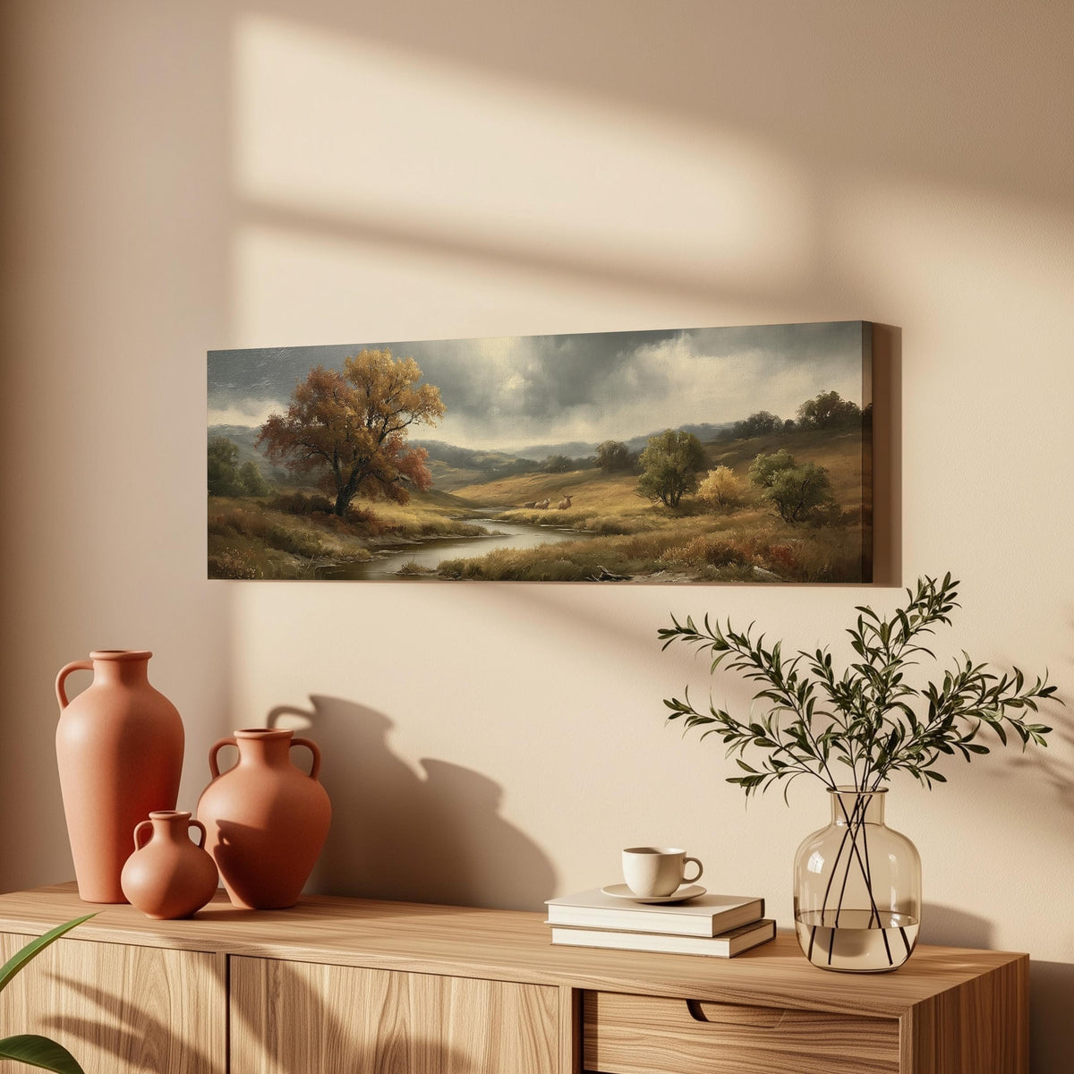 Autumn river valley under a stormy sky long horizontal canvas print above a wooden sideboard