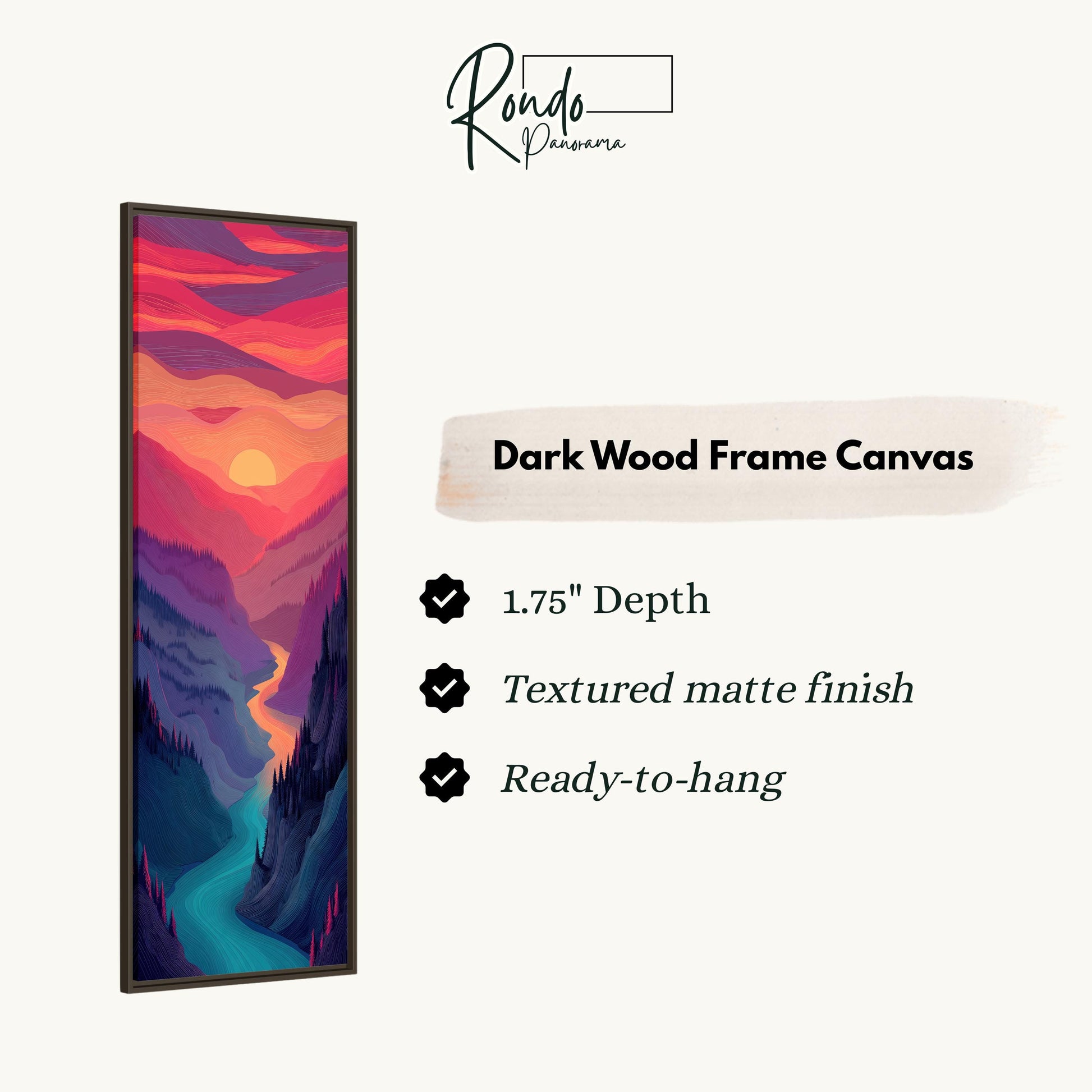The image is a vertical canvas painting of a mountain landscape with a river flowing through it. The painting is described as a "Dark Wood Frame Canvas" with a 1.75" depth, a textured matte finish, and a ready-to-hang feature.