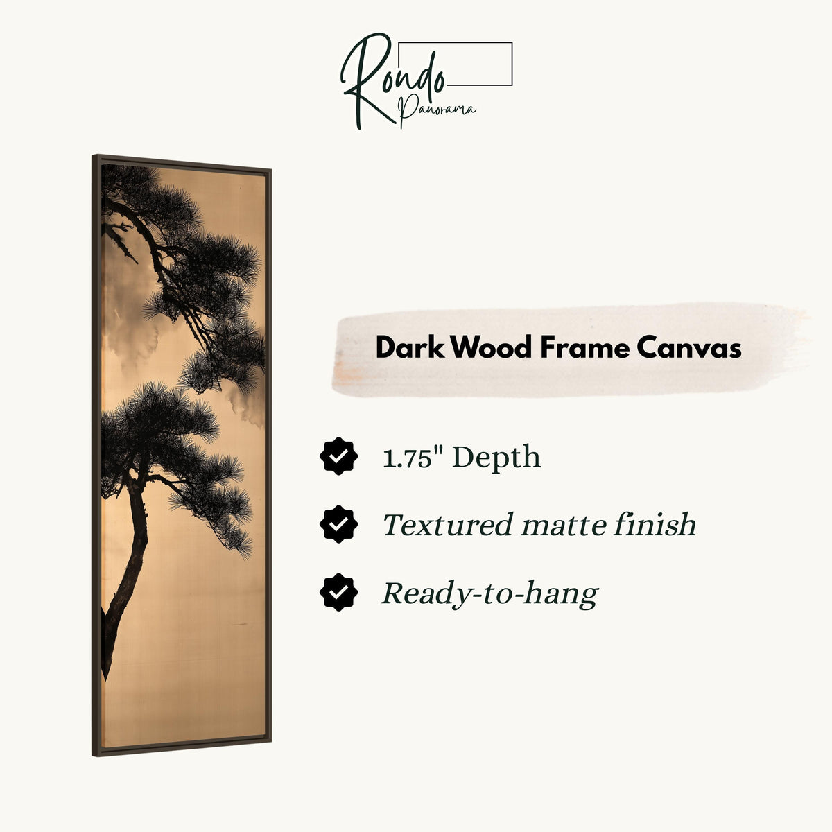 Pine branch silhouette on gold canvas print in a dark wood floating frame