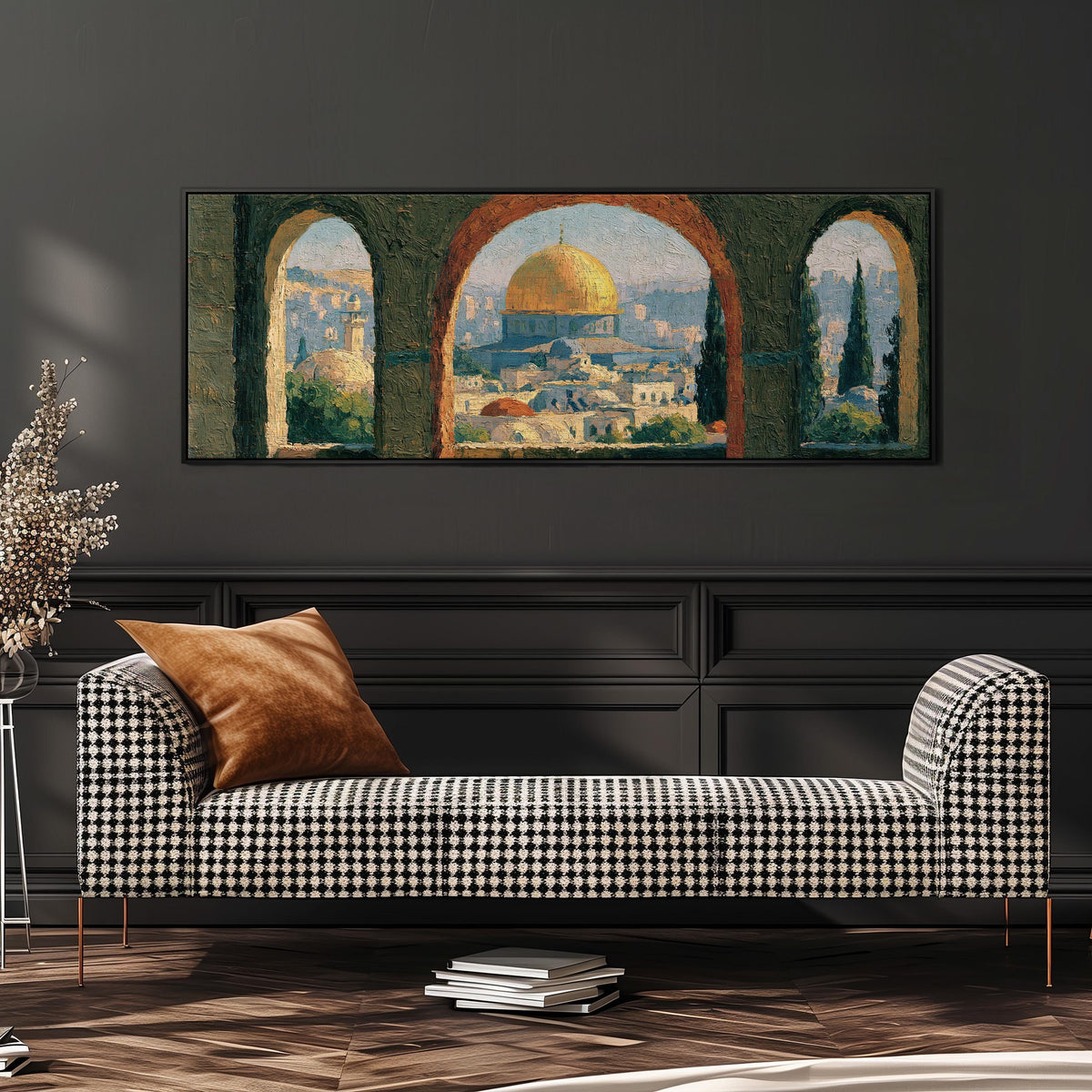 Dome of the Rock seen through stone arches wide panoramic canvas print above a bench in a dark living room