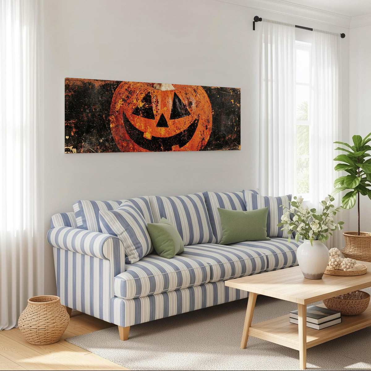 Rustic distressed jack-o'-lantern long horizontal canvas print above a striped sofa in a coastal living room