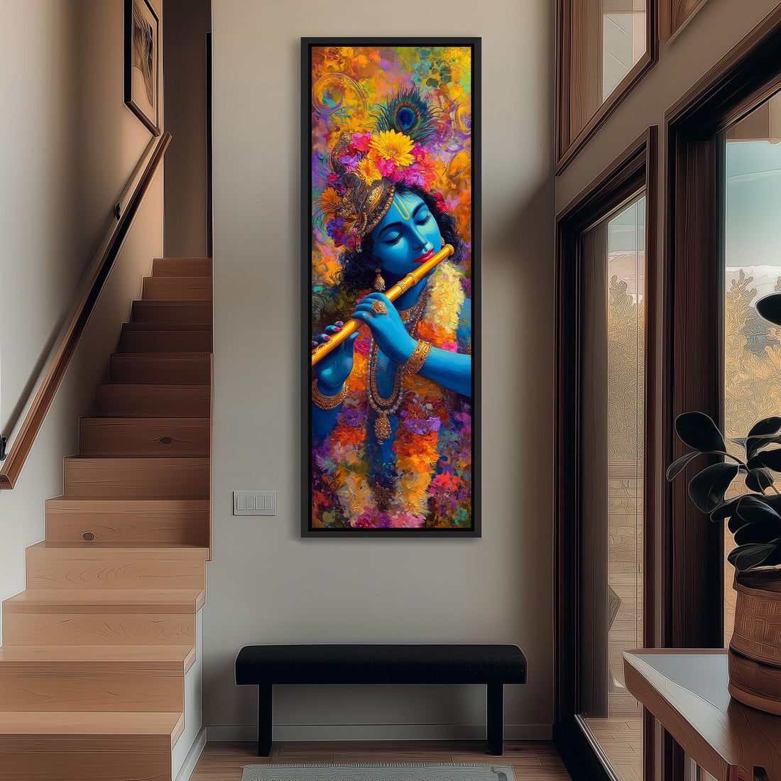 a large, colorful painting of a person playing a flute, with a blue background and a variety of flowers surrounding the figure.